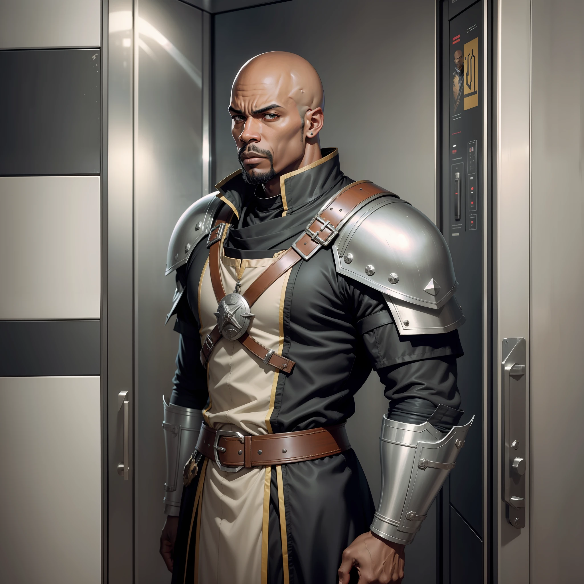 realistic image of a black man and rustic, bald, strong, dressed in black cleric's costumes with shoulder pads, anime character style art, standing in an elevator, worried expression