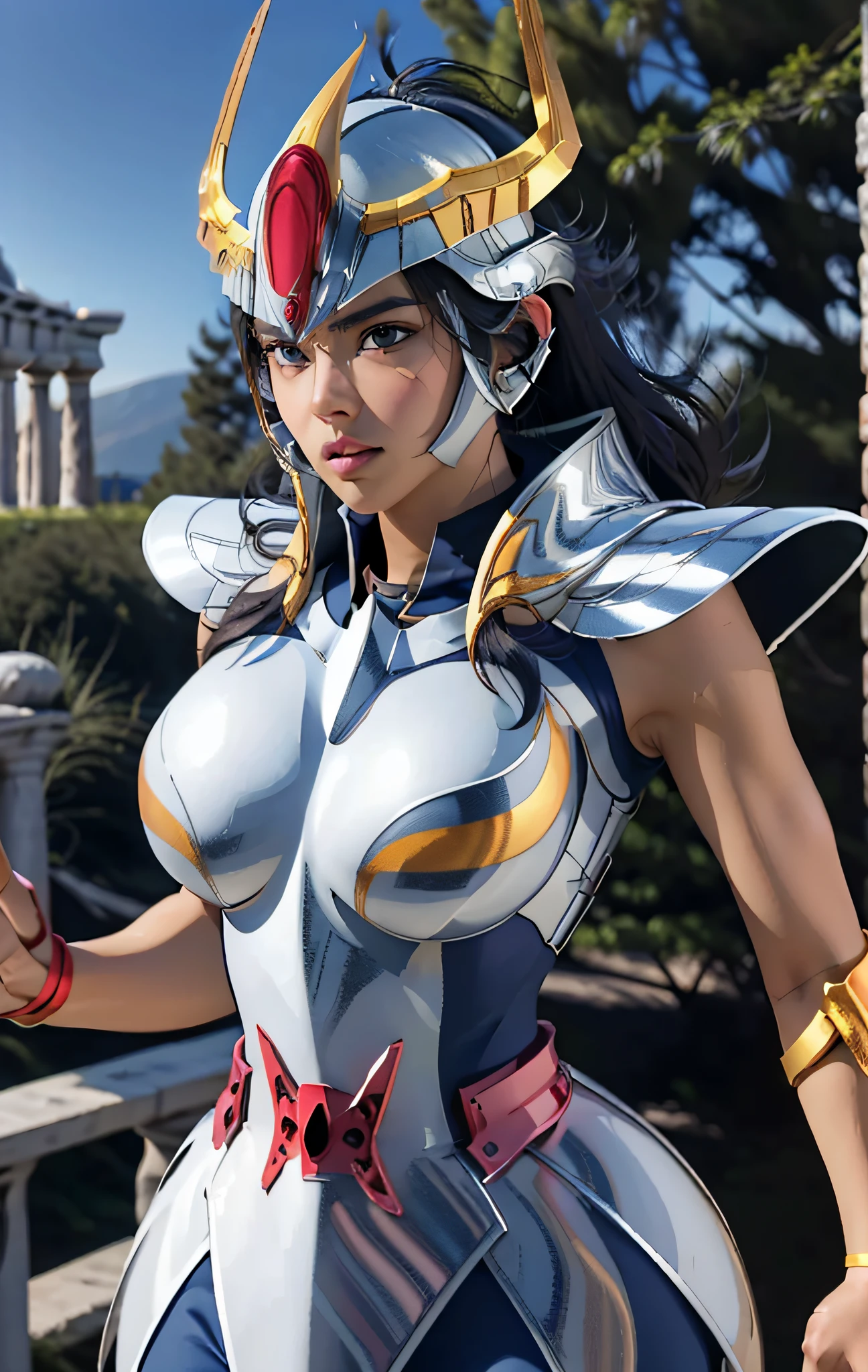 masterpiece, best quality, ultra high res, realistic skin texture, armature, (photorealistic:1.4), high resolution, raw photo, 1 girl, shiny skin, (detail skin:1.2), realistic skin texture, best lighting, sparkle, dramatic lighting, dynamic pose, (greek temple background:1.2), (night sky:1.1), cosmos, milky way, golden armor, (cleavage), Phoenix_Ikki, (big breast), (helmet:1.2), tanned skin, black hair, (silver breastplate:1.4), (helmet), blue shirt, fire, serious face