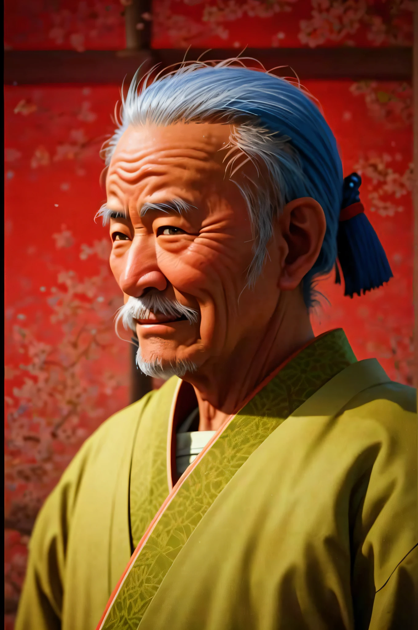 Old man, samurai warrior, smiling, gray hair, Japanese edo period, recovered photograph, (film grain: 1.2), (disposable film: 1.2), good lighting, dim,