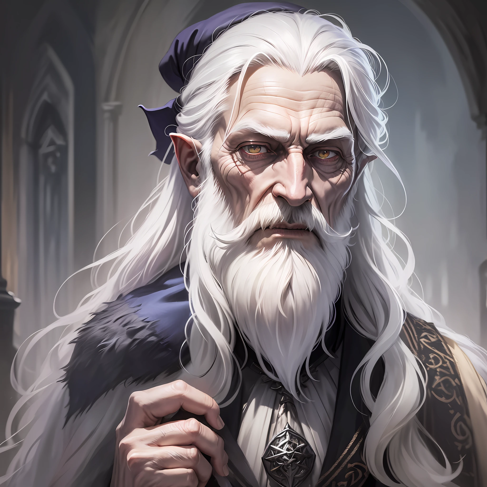 (Detailed drawing of an evil old Irish wizard in a long beard, portrait: 1), detailed, historical illustration, Gothic, magic, surreal, 8k, European, (creepy), white hair, old face, terrible, haunted demon Merlin --v 6