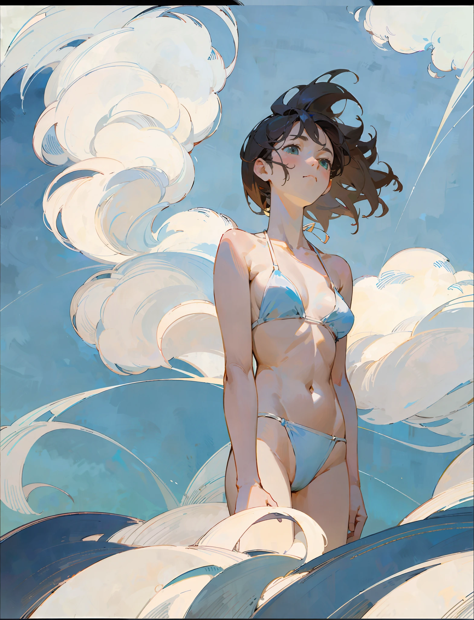 Vague draft drawn with brush, very soft, very pastel, fluffy, Renoir, vividly standing on the roof of house, blowing in the wind, woman in bikini