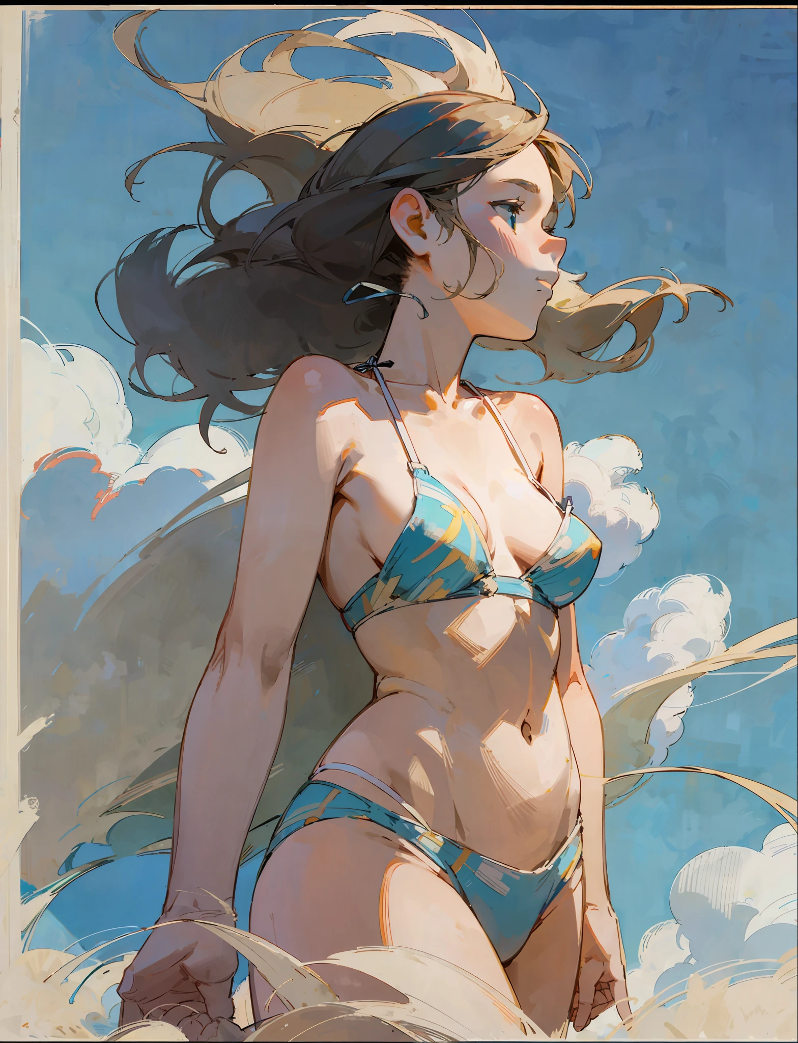 Vague draft drawn with brush, very soft, very pastel, fluffy, Renoir, vividly standing on the roof of house, blowing in the wind, woman in bikini