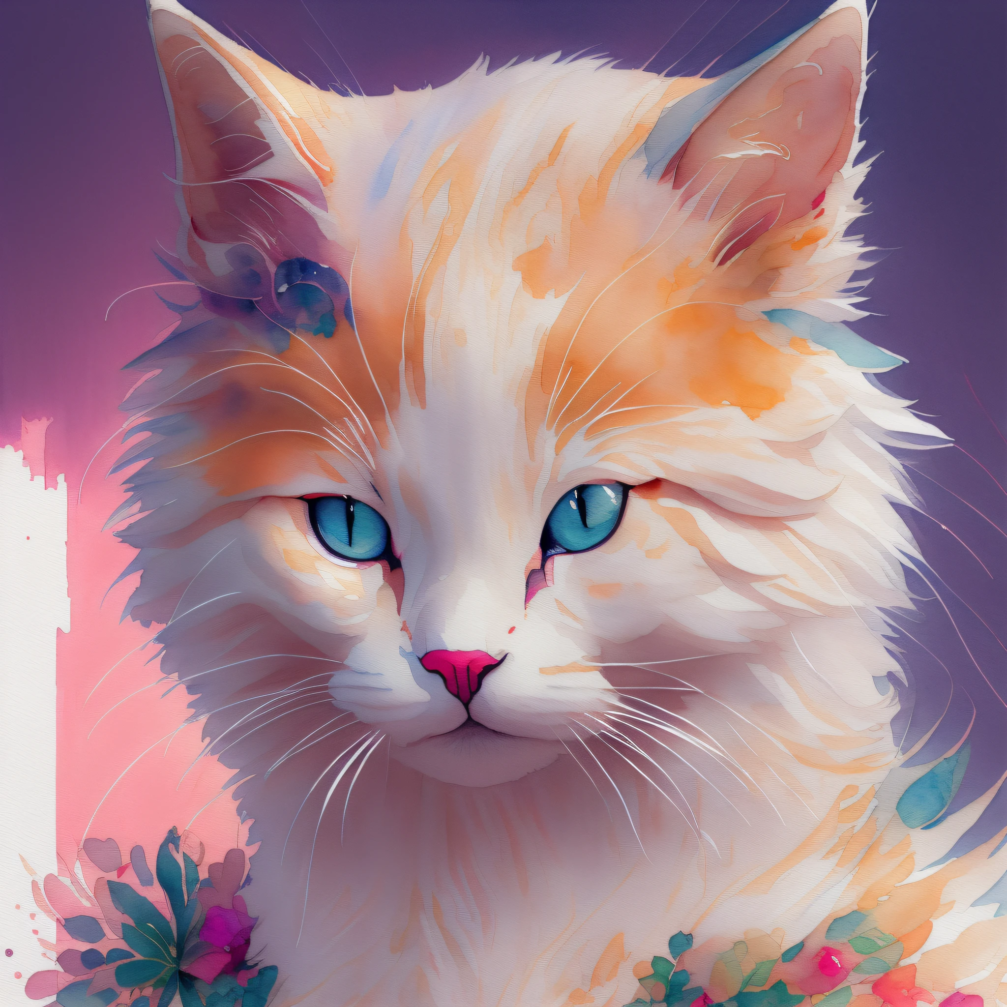 Stilo wtrcolor, digital art of (white cat character), official art, frontal, smiling, masterpiece, beautiful, ((watercolor)), face painting, paint splashes, intricate details. Detailed and highly detailed eyes, [pinging: 0, 5], Trend in artstation, by Rachel Walker , Pop art, Pixar, anime style --auto --s2