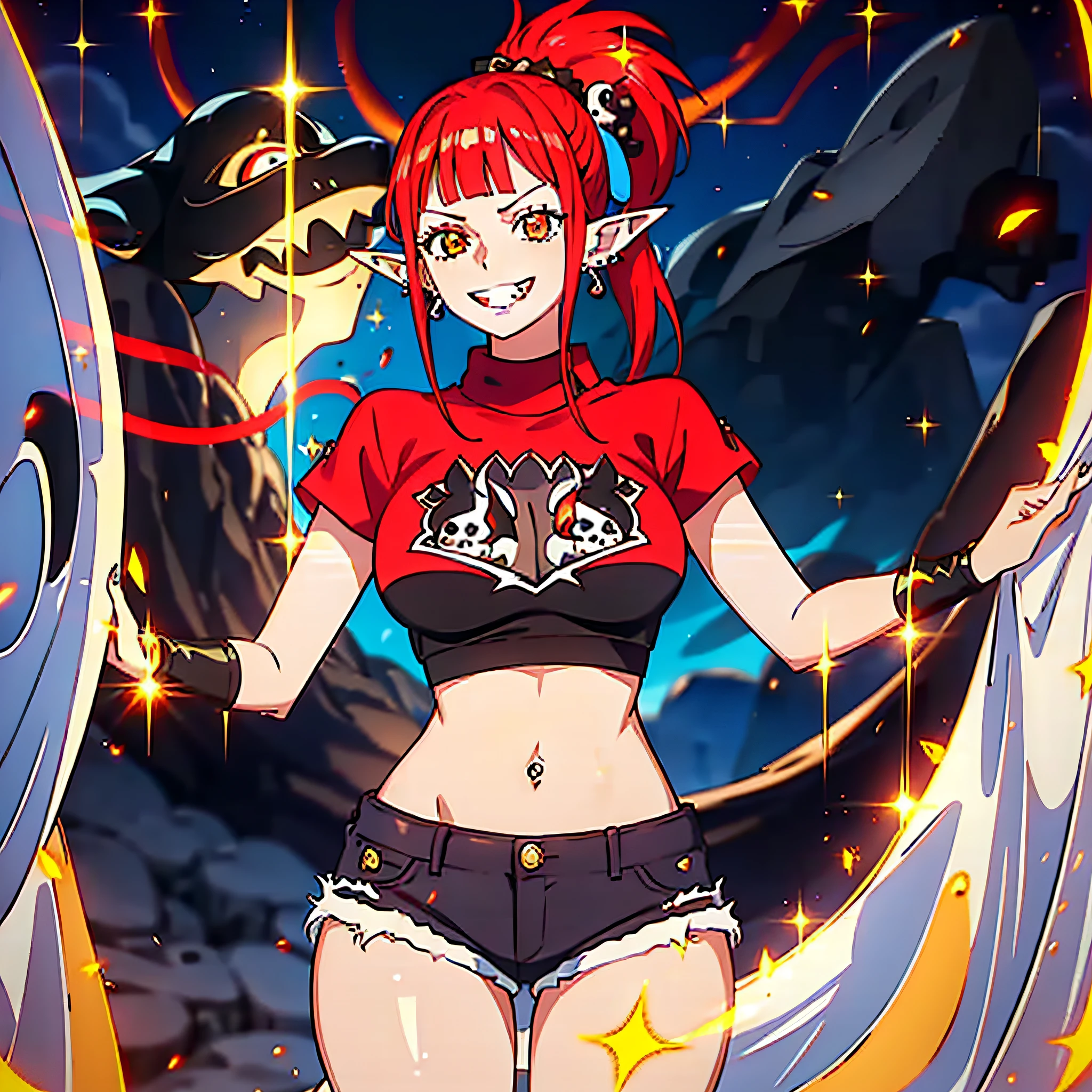 1 girl, elf ears with piercing and earrings, beautiful, 18 years old, big breasts, provocative look, open smile sharp teeth, rock pose, straight bangs, red hair, Ponytail, golden eyes, light skin, black top with arms to show raised, skull print on black top, belly showing, short jean shorts, longblack socks, black choker