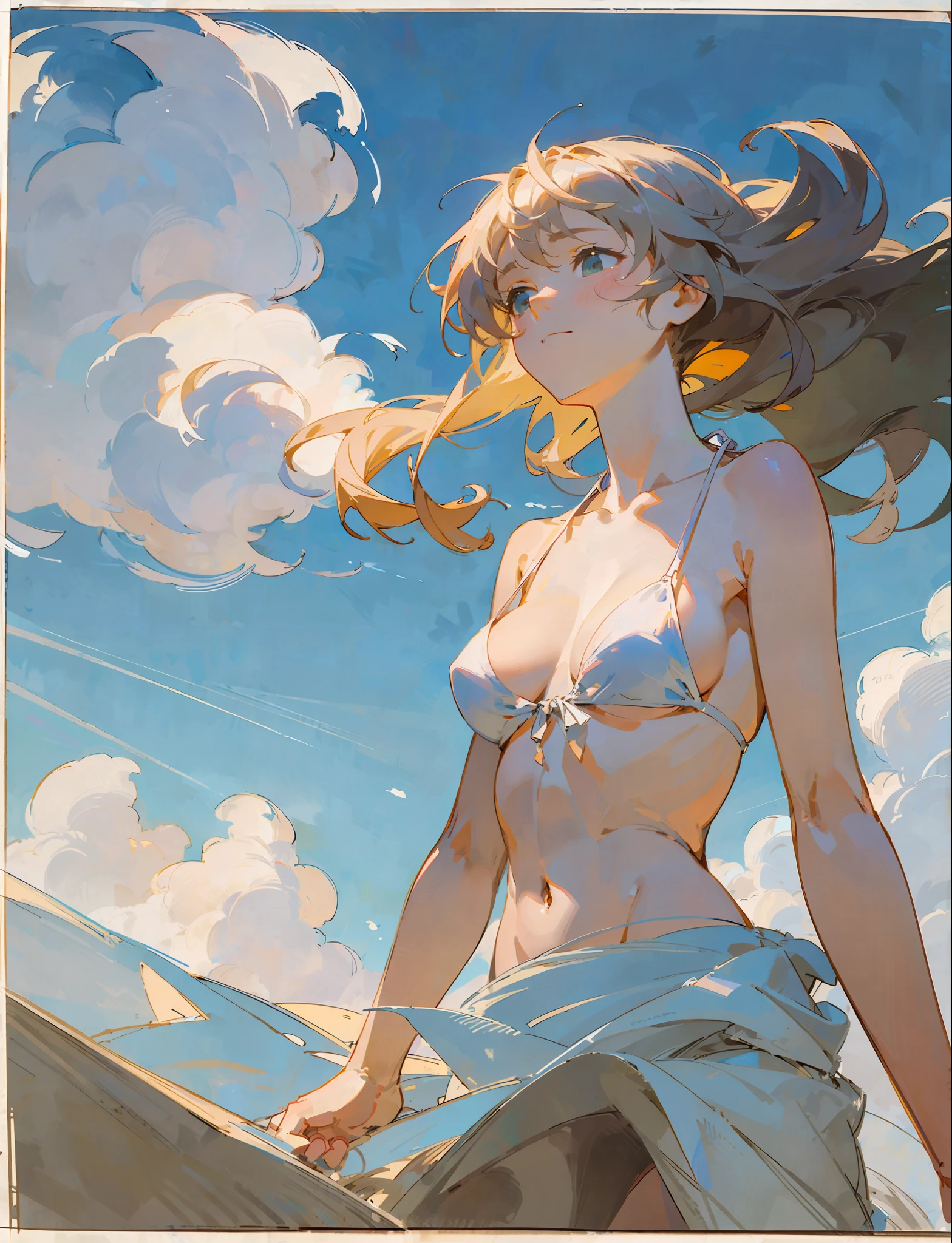 Vague draft drawn with brush, very soft, very pastel, fluffy, Renoir, vividly standing on the roof of house, blowing in the wind, woman in bikini