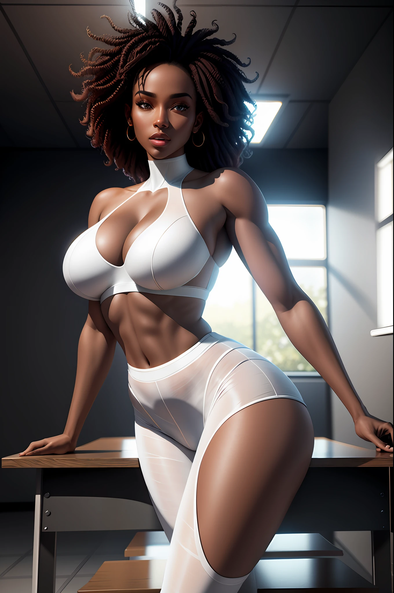 beautiful african university student, curly hair, full body, in white transparent clothing, white transparent pants, interior, classroom, sitting, seductive posture, sexy pose, legs open, legs up, showing ass, big ass, arms on the sides and wide neckline, photorealistic large breasts, photo, masterpiece, realistic, realism, photorealism, high contrast, photorealistic digital art trend on Artstation 8k HD high definition detailed realistic, detailed, skin texture, hyper detailed, realistic skin texture, armor, best quality, ultra high resolution, (photorealistic:1.4), high resolution, detailed, raw photo, sharp re, by lee jeffries nikon d850 stock film photography 4 camera kodak portra 400 lens f1.6 rich colors hyper realistic texture dramatic lighting irrealengine trending on artstation cinestill 800,