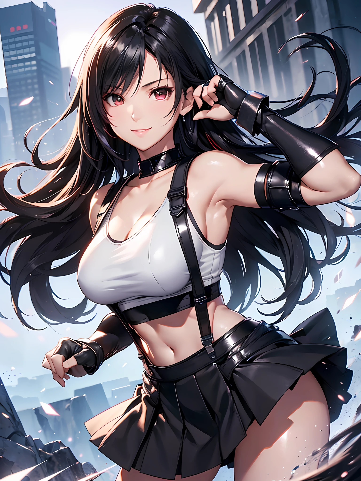 8k,masterpiece, bset quality,big, (1 girl), tifa lockhart, red_eyes, black hair, long hair, professional lighting, (shiny skin: 1.2), shiny big, ((best quality)), sharp focus: 1.2, highly detailed face and skin texture, detailed eyes, perfect face, perfect body, blur art, cg, backgroundPresence Big, 20yo, Mature Cool and Beautiful Face, Worn ((Suspender Black Skirt), Black Elbow Gloves, White Taut Shirt, Tsi-Hi, White Tank Top), Blushing, Dynamic Pose, (Mittgal), Smile, Floating Hair, Random Pose,