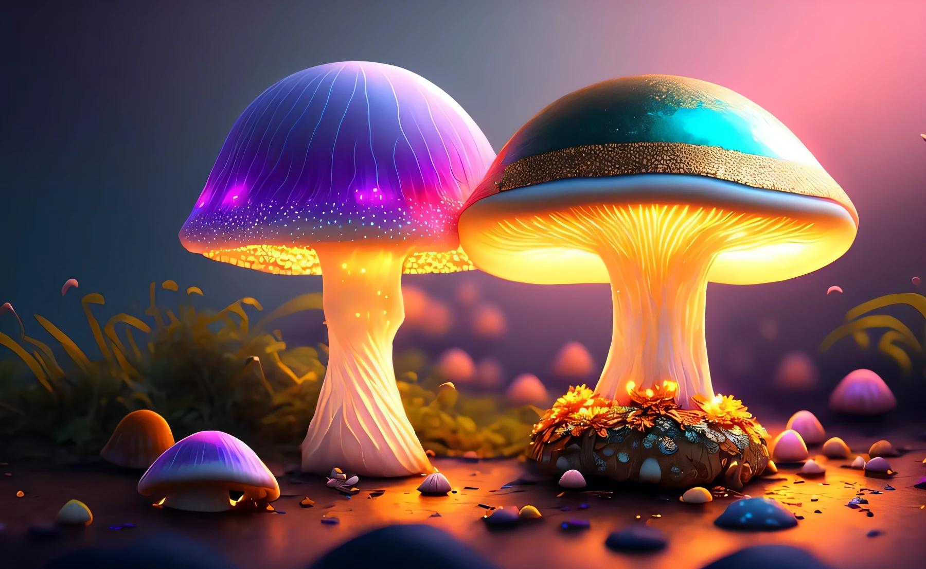 fantasy enchanted beautiful mushroom with glowing pastel colors and gold, 8k, trending, highly detailed hyper realistic