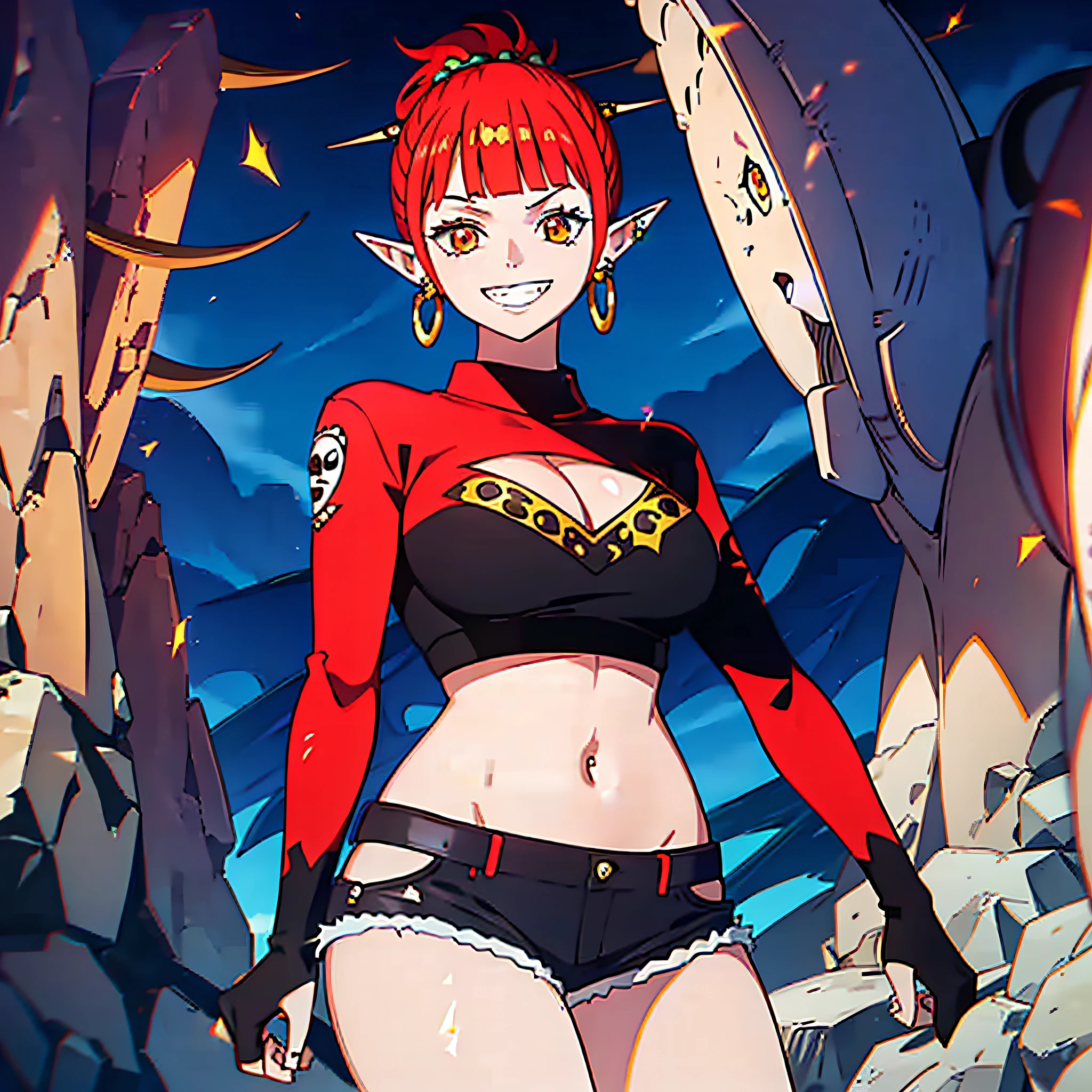 1 girl, elf ears with piercing and earrings, beautiful, 18 years old, , provocative look, open smile sharp teeth, rock pose, straight bangs, red hair, Ponytail, golden eyes, light skin, black top with arms to show raised, skull print on black top, belly showing, short jean shorts, longblack socks, black choker