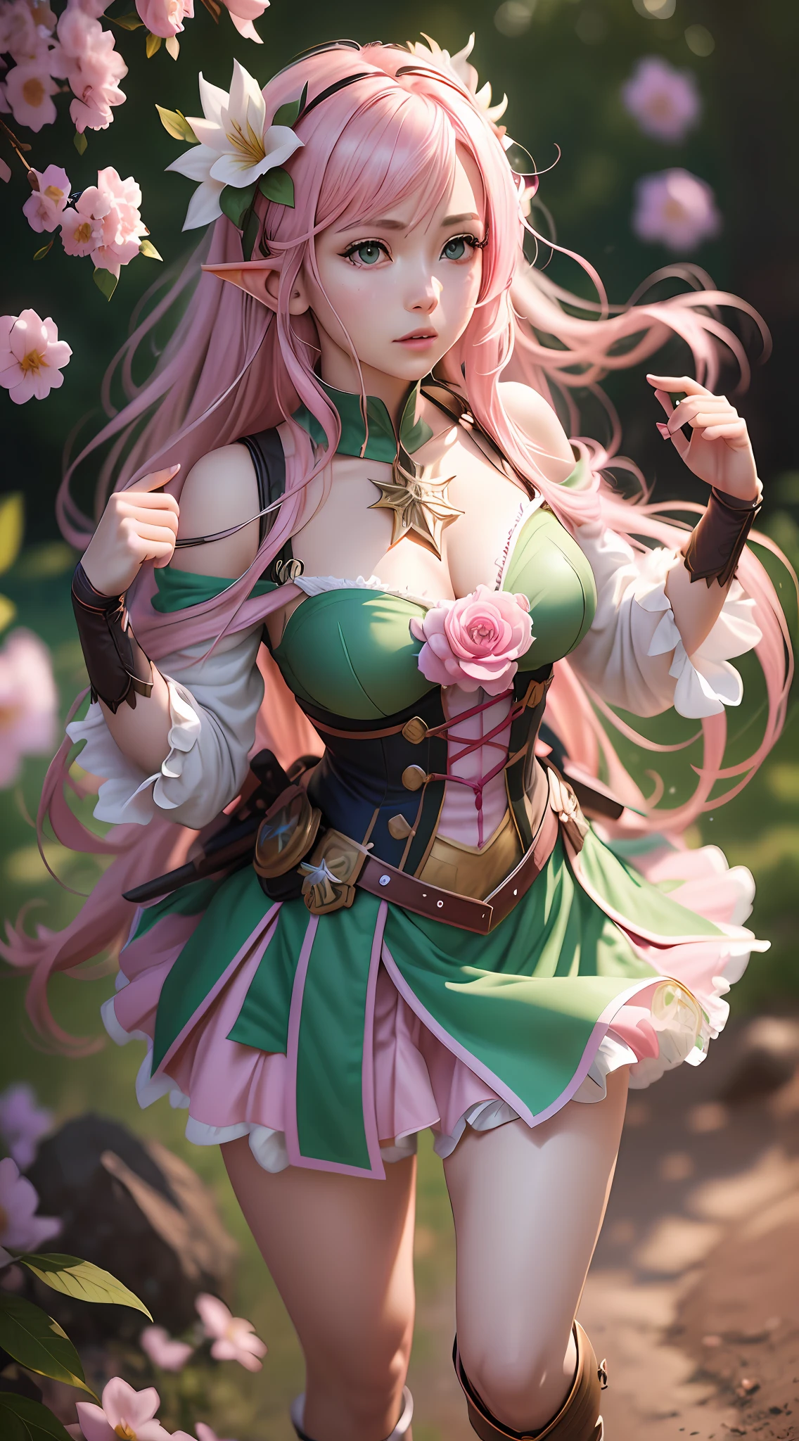 Anime girl with pink hair, Elf girl, light green dress, Flowers on camel, sorceress, female protagonist 👀, Pink magic, Serious face, fighting using magic, Pink energy, pink magic, Flying around full body commission for anime, hyper realistic texture, realistic photo, ultra detailed, no drawing edges, photorealistic, ultra realistic clothing texture, Natural lighting,  realistic lighting, no dark edges, detailed shadows, ultra realistic photo, absurd realistic, realism, no drawing edges, ultra absurd photorealistic, mega realistic hair, mega realistic clothes, absurdly realistic details, no deformities, no drawing edges, no drawing lines, 8K, 4K