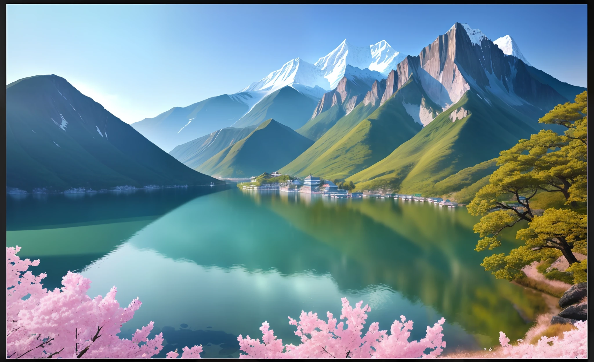 a beautiful korean mountain with lake, (masterpiece), (portrait), (raw photo), (extremely detailed CG unity 8k wallpaper) Intricate, Sharp focus, dramatic, photorealistic  art