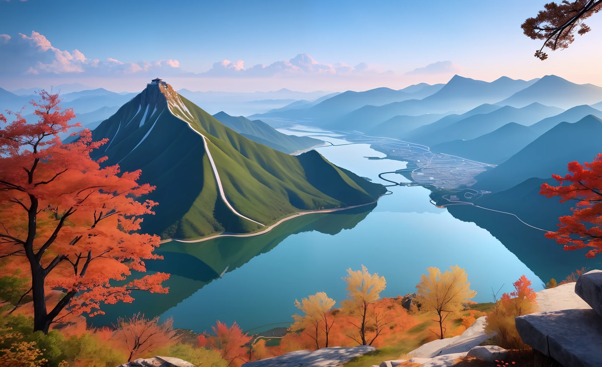 a beautiful korean mountain with lake, (masterpiece), (portrait), (raw photo), (extremely detailed CG unity 8k wallpaper) Intricate, Sharp focus, dramatic, photorealistic  art