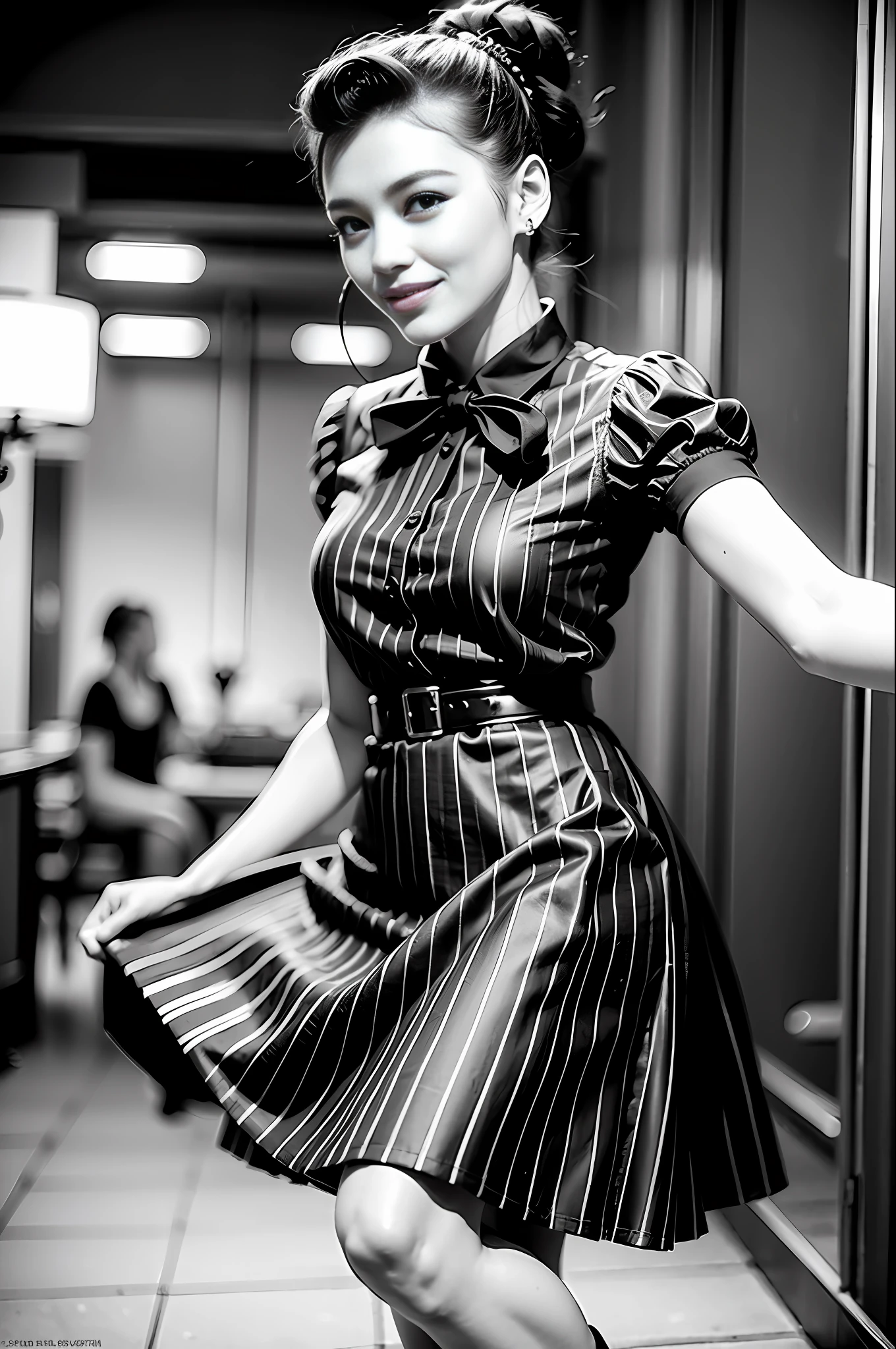 Rockabilly fashion, 50s American fashion, (masterpiece, top quality, highest quality, official art, beautiful and aesthetic: 1.2), (1 girl: 1.3), (rockabilly: 1.3), (20 years old Japan person: 1.2), rockabilly, short sleeve blouse, (circular skirt: 1.3), headband, ponytail, bobby soxer, saddle shoes, smile, long skirt, Model pose, (dancing happily: 1.3), skirt fluttering