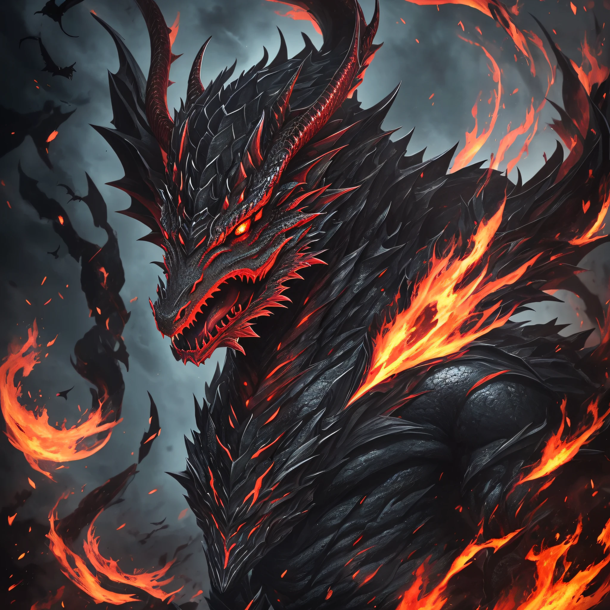 Create a dragon with only one head. His head is adorned with sharp horns, shrouded in an aura of darkness. His body is robust and imposing. His eyes, with bright red irises, emanate a sinister and piercing glow. It has the ability to spit fire with an almost black hue. Make the fire with the color black. The image needs to have the entire body of the dragon