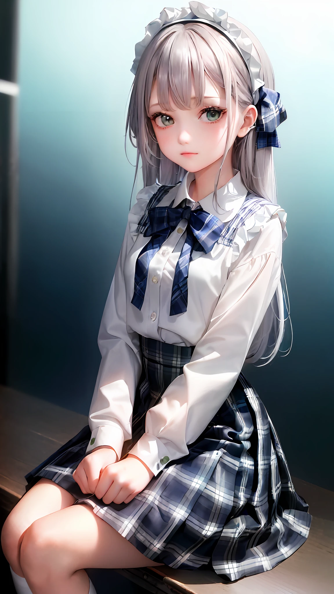 1girl, (masterpiece:1.1), (best quality:1.1), (white blouse:1.1), (plaid skirt:1.1), school uniform, high waist skirt, break [blue:pink:0.5] theme, (gradient background: 1.1), denim lens, break silver hair, long hair, green eyes, delicate headdress, sideways, sitting