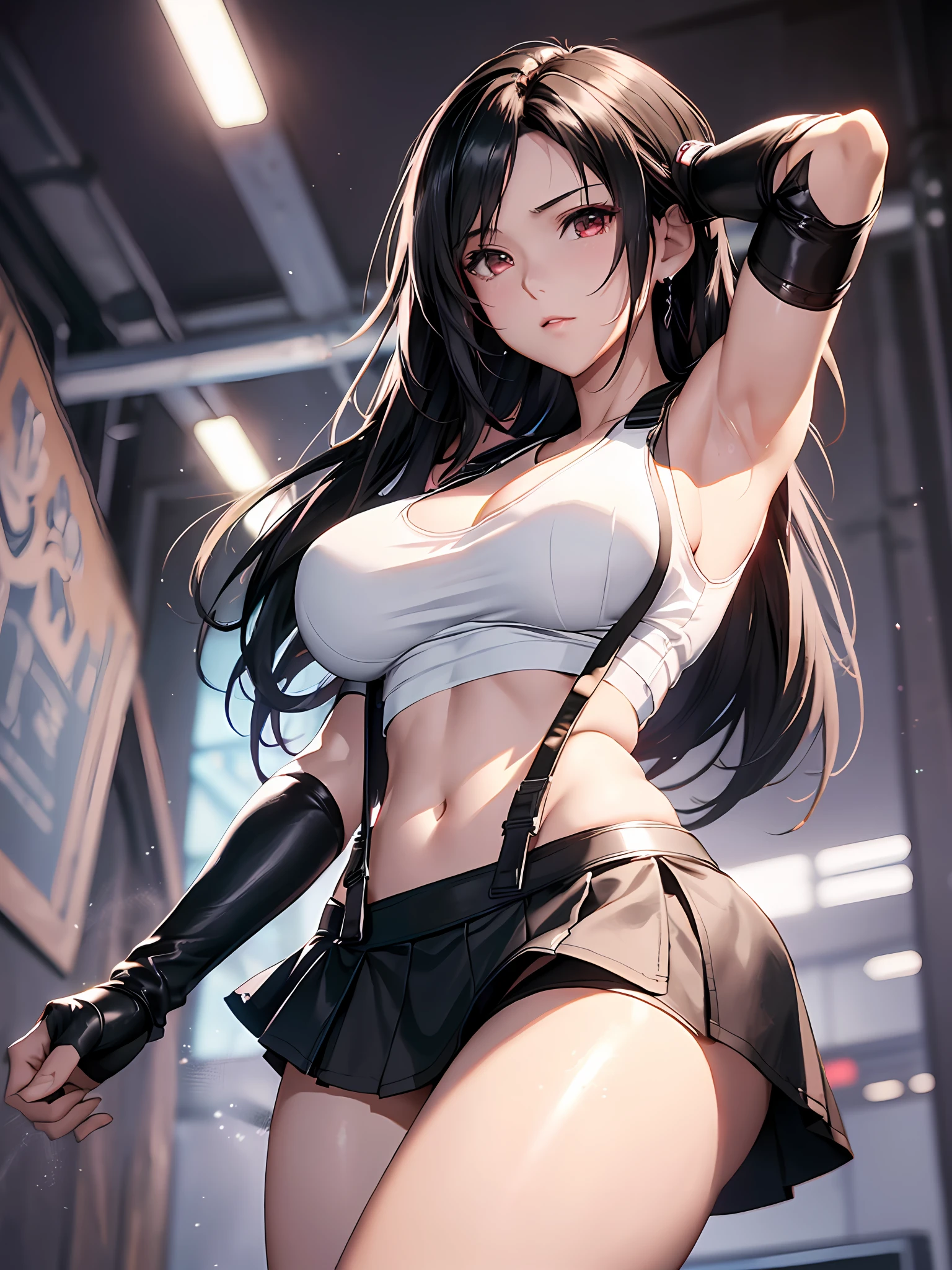 8k,masterpiece, bset quality,big, (1 girl), tifa lockhart, red_eyes, black hair, long hair, professional lighting, (shiny skin: 1.2), shiny big, ((best quality)), sharp focus: 1.2, highly detailed face and skin texture, detailed eyes, perfect face, perfect body, blur art, cg, backgroundBig breasts, 20yo, mature cool and beautiful face, wearing ((suspender black skirt), black elbow gloves, white taut shirt, thigh, white tank top), blush, lively pose, (mittgal), floating hair, random pose,