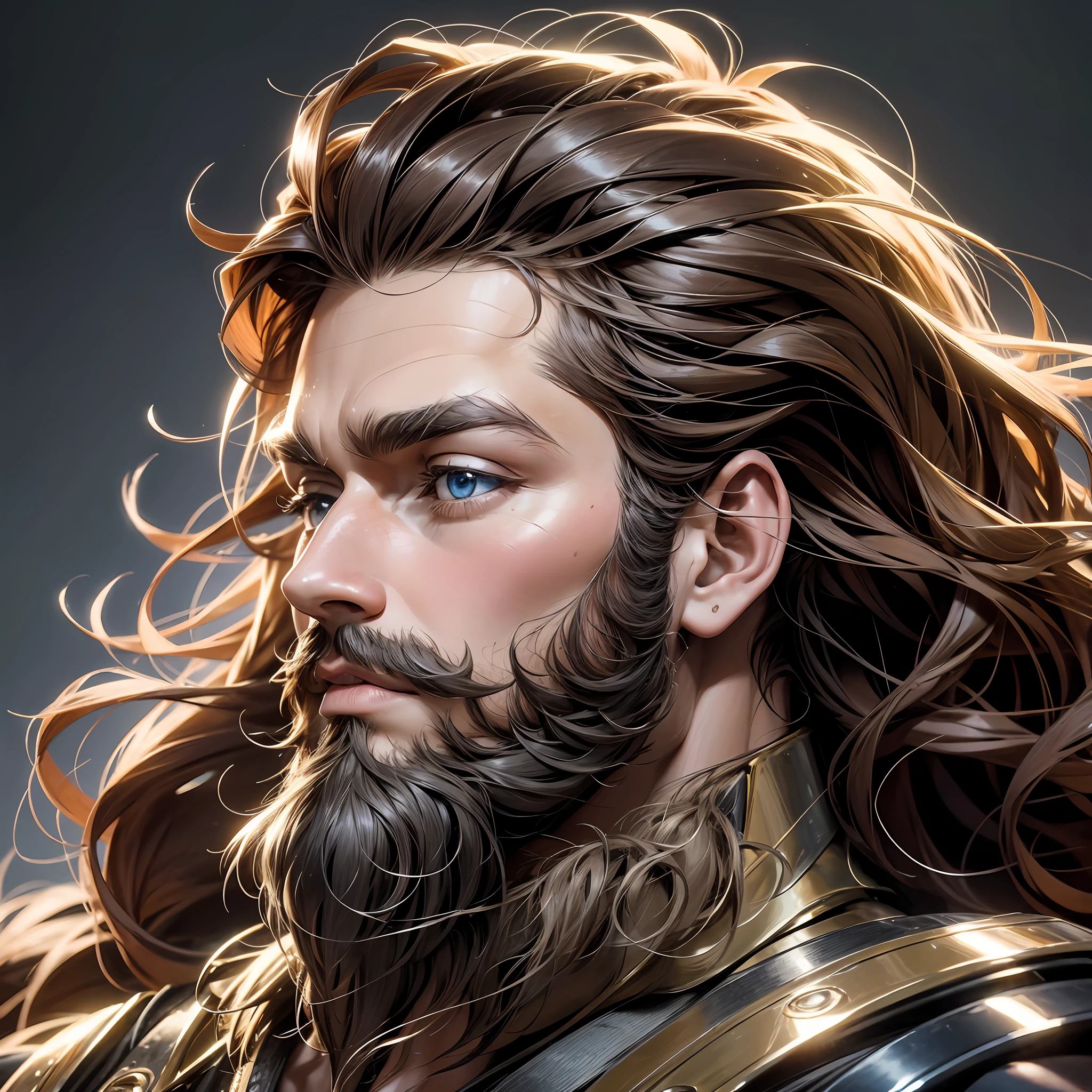 CREATE AN IMAGE FOR THE PROFILE PICTURE OF THE FACEBOOK USER CALLED PASCOAL PAES MENDES THE PHOTO IS OF BUST WITH METALLIC TONES AND Radiant he is with beard and hair goosebumps piercing eyes and beautiful high definition 4k --auto --s2