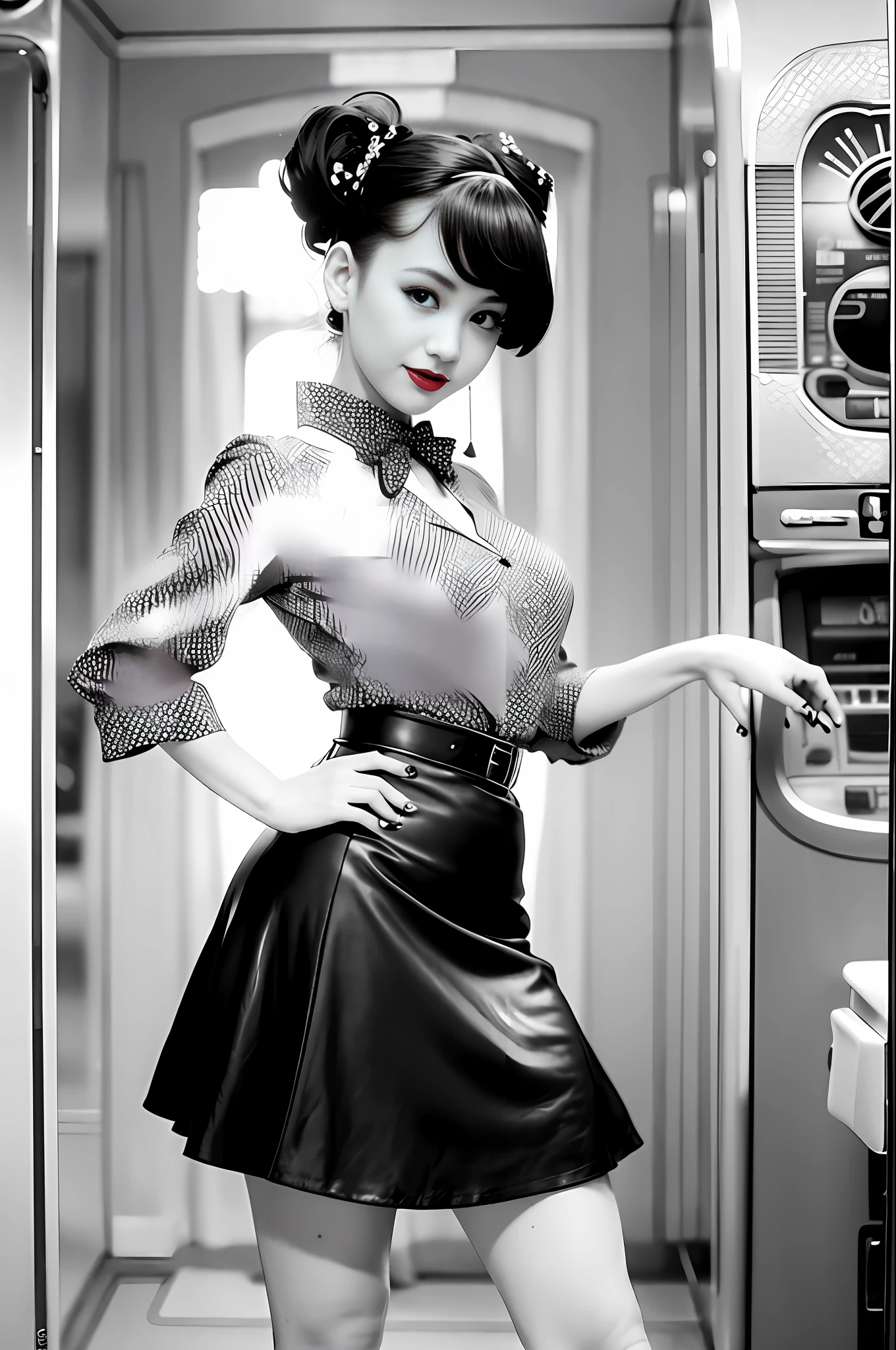 Rockabilly fashion, 50's American fashion, (masterpiece, top quality, top quality, official art, beautiful and aesthetic: 1.2), (1 girl: 1.3), (rockabilly: 1.3), (18 years old Japan person: 1.2), rockabilly, white short-sleeved blouse, (polka dot circular skirt: 1.3), headband, ponytail, bobby soxer, saddle shoes, smile, Long skirt, model pose, (jukebox: 1.3), (pose next to Cadillac: 1.3), rock and roll