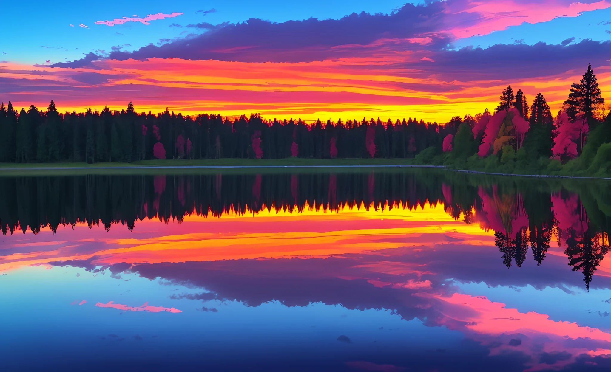 there is a beautiful sunset with a lake and trees in the background, colorful skies, surreal colors, colorful sunset, colorful sky, marvellous reflection of the sky, stunning sky, dream like atmosphere 8k, colorful clouds, colors reflecting on lake, surreal sky, red and blue reflections, fire reflection, beautiful sky, beautiful and spectacular dusk, beautiful dreamy landscape, amazing sky