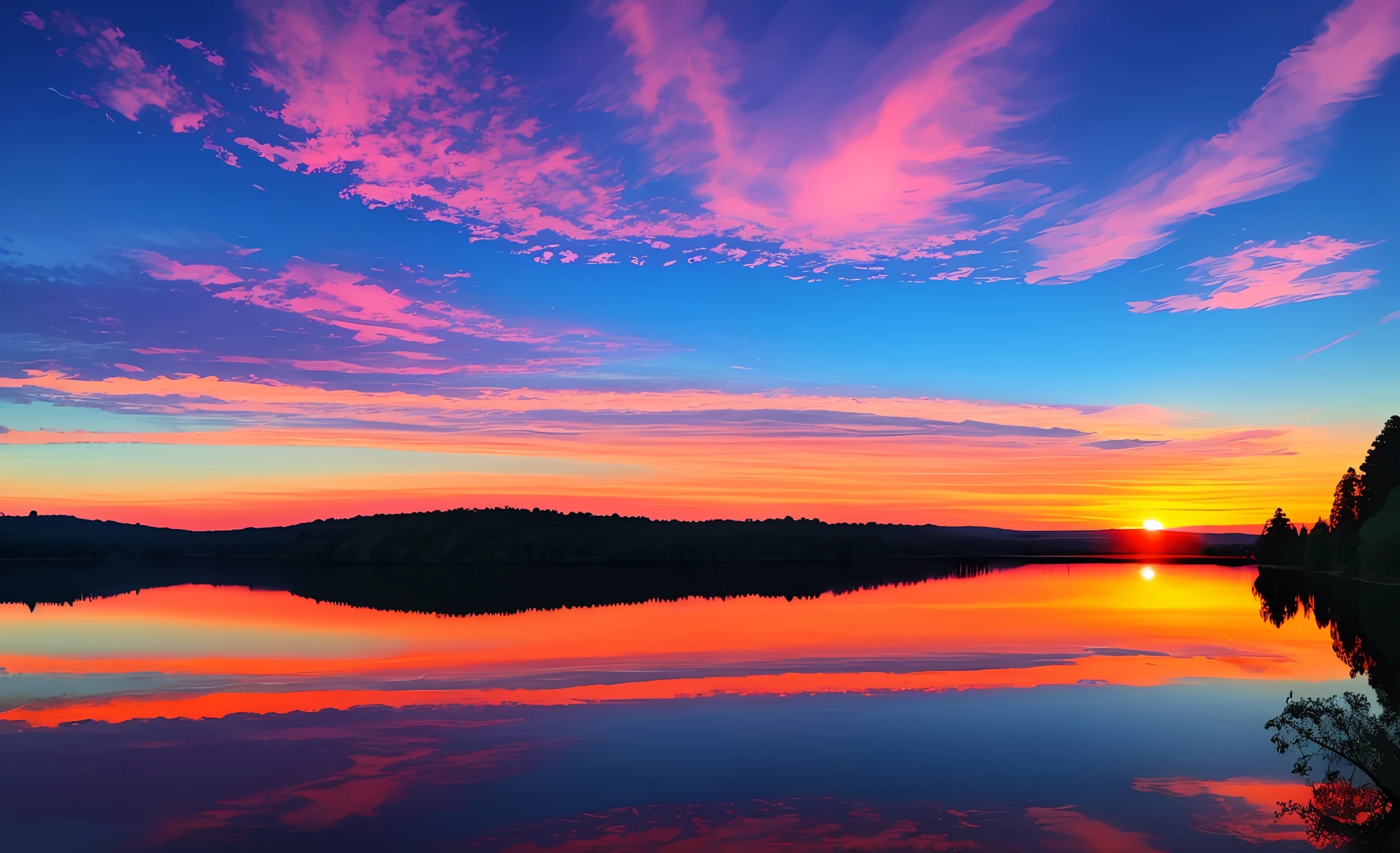 there is a beautiful sunset with a lake and trees in the background, colorful skies, surreal colors, colorful sunset, colorful sky, marvellous reflection of the sky, stunning sky, dream like atmosphere 8k, colorful clouds, colors reflecting on lake, surreal sky, red and blue reflections, fire reflection, beautiful sky, beautiful and spectacular dusk, beautiful dreamy landscape, amazing sky