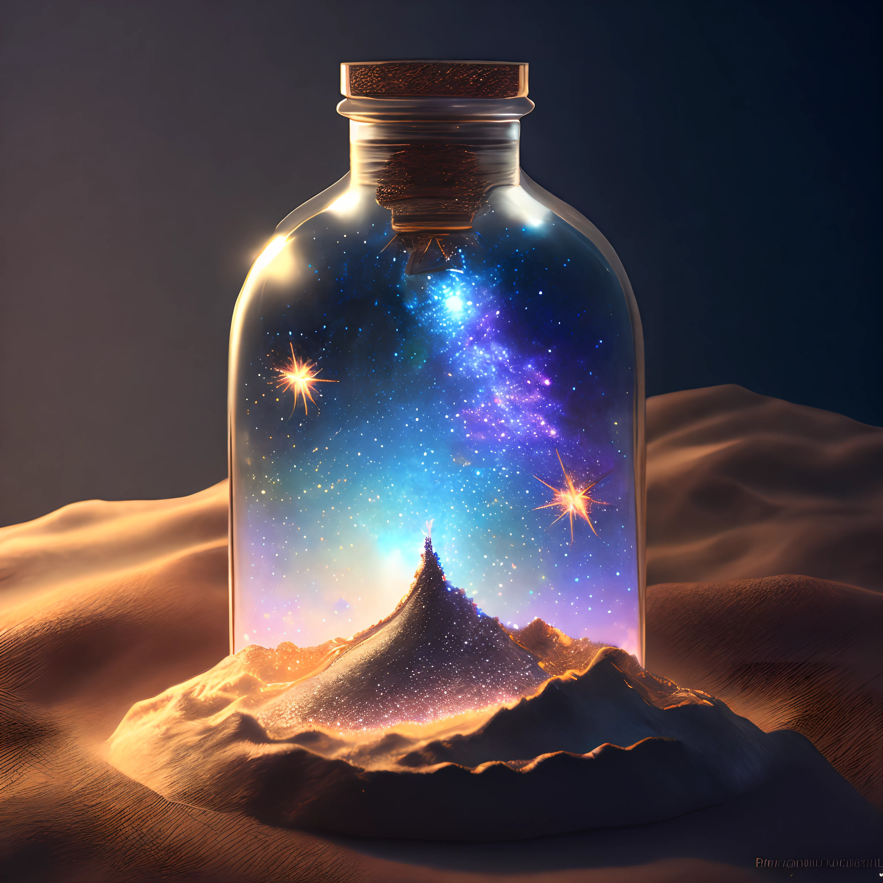 glass bottle sitting on top of a table| a photorealistic painting| pixels| conceptual art| stars and galaxies| highly detailed perfect render| light effect| modern fantasy| glittering multiversal ornaments| universe in a grain of sand| photo manipulation| beautiful composition