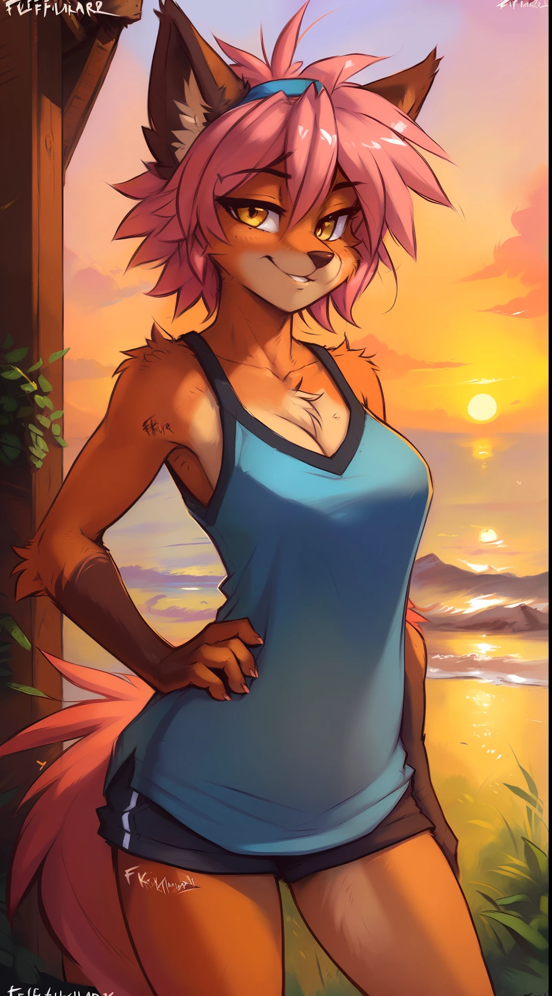 (((by fluff-kevlar, by Zackary911, by Kenket, by Kilinah, by fluff-kevlar))), uploaded on e621, beautiful and detailed portrait of a (((feminine))) female anthro fox, uploaded to e621, cenematic lighting, (((confident, seductive))), bl, fox, thighighs, large breast, full body, sunset, beautiful, messy hair, short hair, suggestive posing, standing, pink hair, 1girl, solo, blue sportwear, blue headband, yellow eyes, lustful face, solo