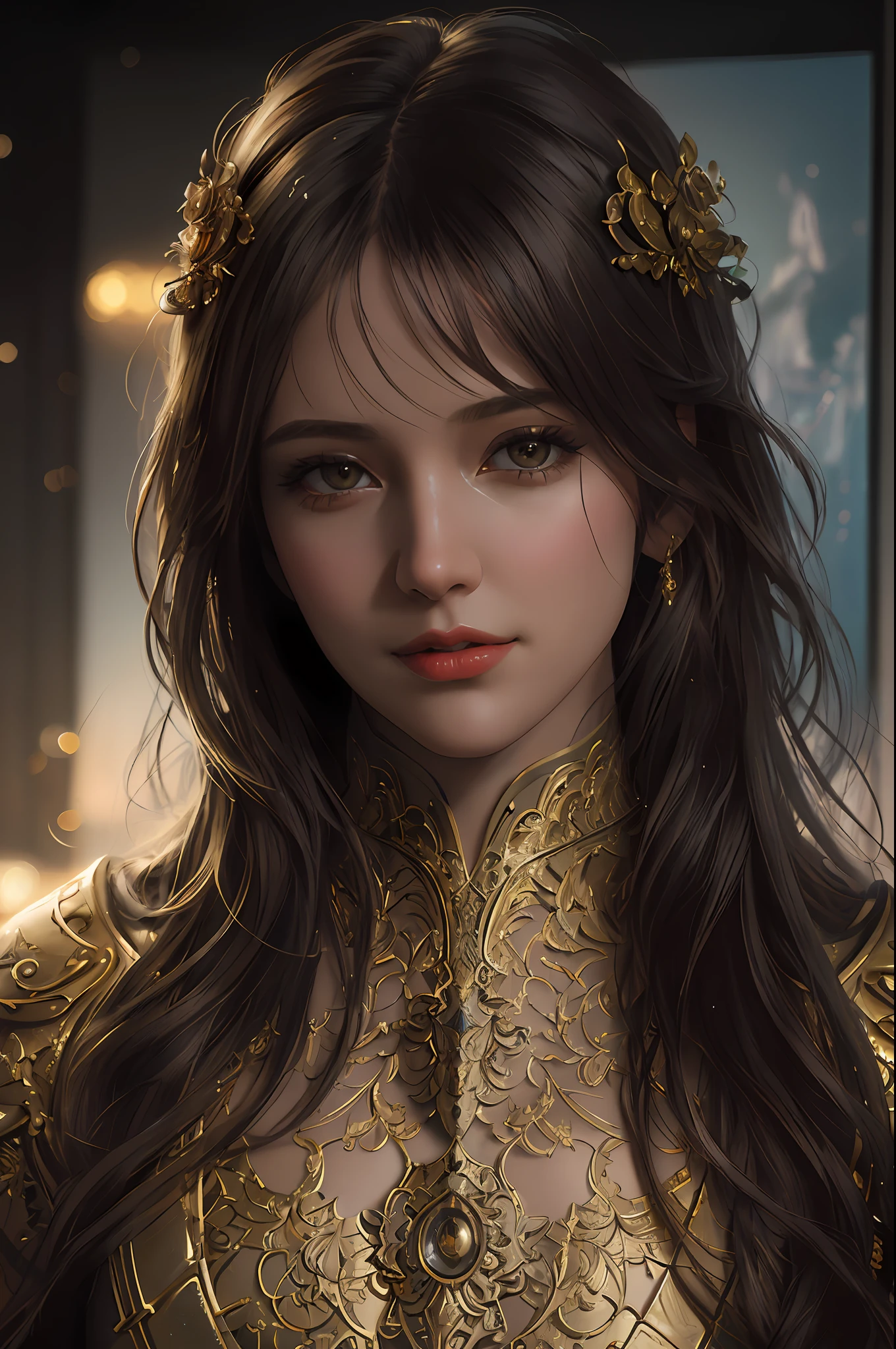 portrait of a woman, art by Vladimir Volegov, Virgin, 8k digital art, Jean-Baptiste Monge style, bright, beautiful, splash, sparkling, beautiful and charming, filigree, frame lighting, lights, extreme, magical, surreal, fantasy, digital art, wlop, artgerm and james jean, fantasy, intricate art masterpiece, sinister, matte film poster, golden proportion, trend in CGSyence, intricate, epic, trend in artstation,  artgerm, H. R. Giger and Beksinsky, highly detailed cinematic rendering of characters, very high quality model