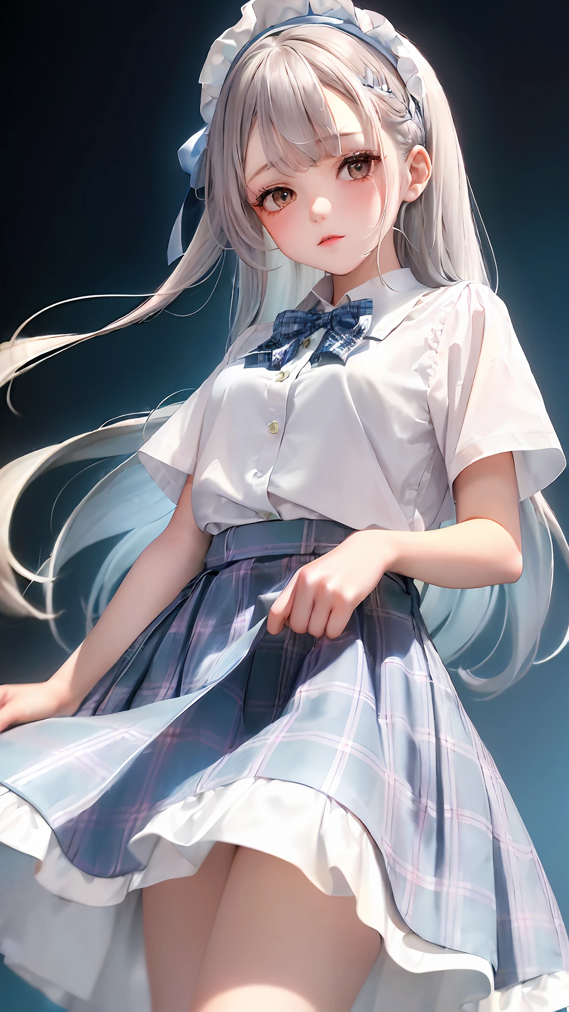 1girl, (masterpiece:1.1), (best quality:1.1), (white blouse:1.1), (plaid skirt:1.1), school uniform, high waisted skirt, break [blue:pink:0.5] theme, (gradient background: 1.1), denim lens, break silver hair, long hair, green eyes, delicate headdress, sideways, curtsy