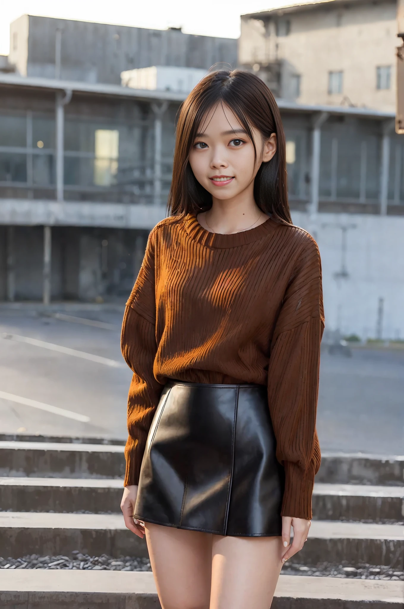 Masterpiece,Raw,beat_quality,(((Young fashion woman wearing brown sweater and black leather micro mini skirt))),Light makeup,Crying and smiling,Black boots,White skin,Pearl skin,15 years old,Fine facial details,Beautiful face,Big eyes,Elegant black hair,Character is close to the lens,Standing in the photo,Pictures,Clean sky、Some clouds, Dusk, film lights, full-featured, shabby factory, the environment has many details, bright colors, bright pupils, perfect female figure, breeze blowing, train is driving, stairs, sunset, sunlight illuminating the sides, there are tourists in the background, sense of drama, old buildings