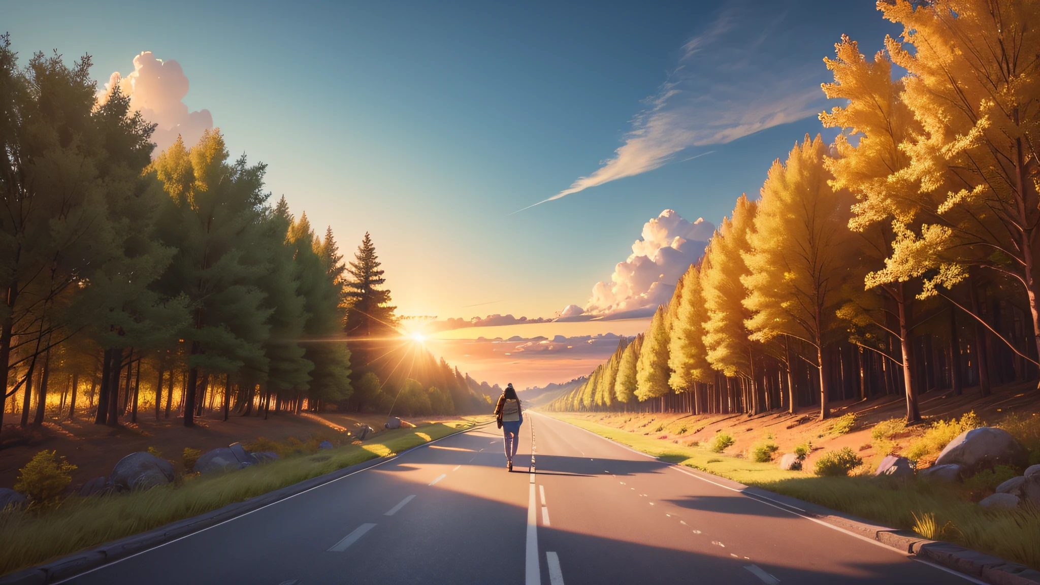 Generate an image depicting a person confidently walking along a road that leads towards the radiant sun. The person should be positioned in the center of the image, with the road stretching out before them. They should be shown walking with purpose, their body language exuding determination and a sense of forward motion. The road should be depicted as a winding path, surrounded by nature and scenery, gradually leading towards the bright and shining sun on the horizon. The sun should be portrayed as a powerful source of light and warmth, symbolizing hope, enlightenment, and a brighter future. Use vibrant colors to capture the beauty of the surroundings and the energy of the sun. The image should inspire a sense of optimism and motivation, conveying the idea of embarking on a journey towards new possibilities and embracing the light that lies ahead --auto --s2