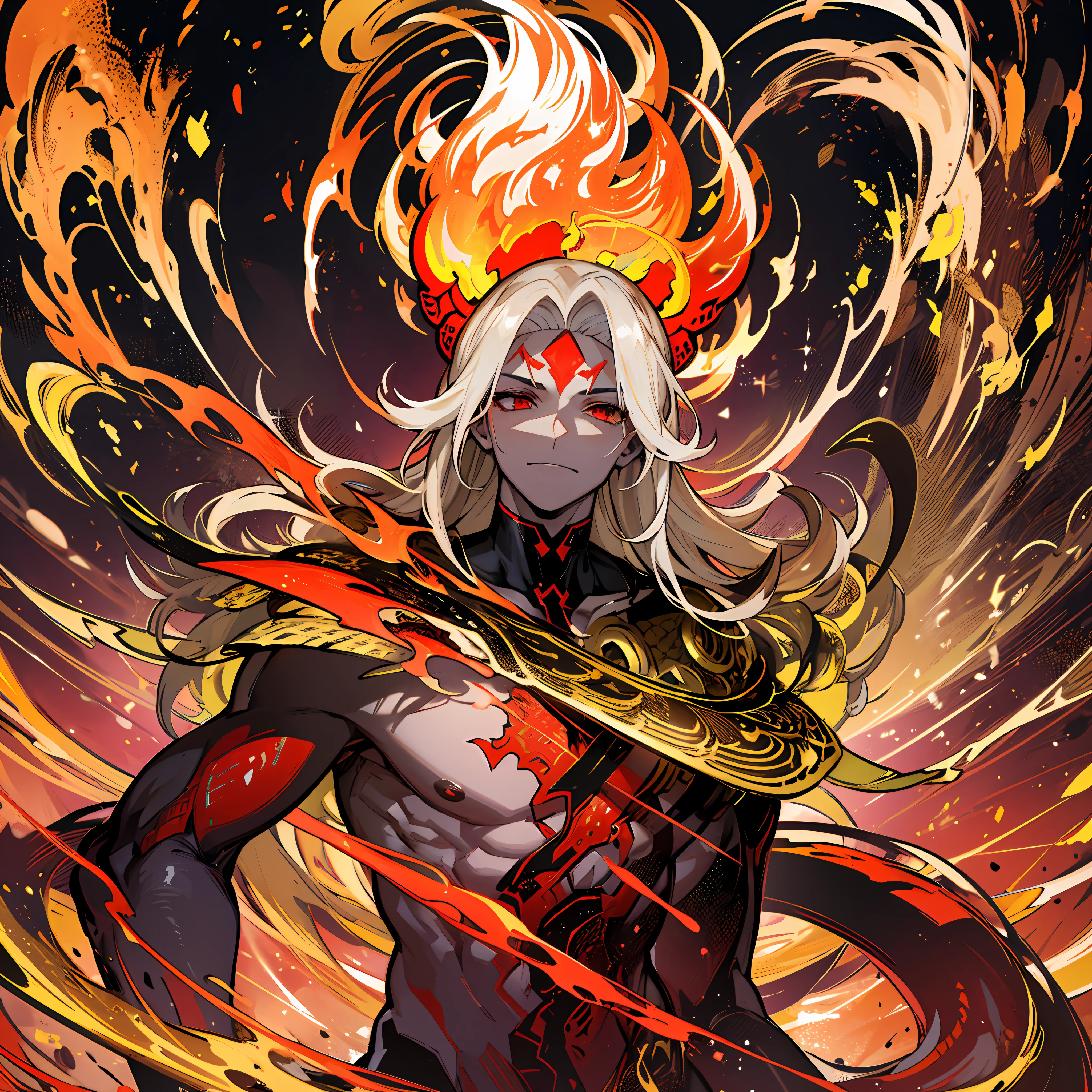 A golden serpent with red eyes and a sharp tongue. His skin glows with an intense glow and he is able to transform into a larger serpent, always engulfed in flames, in the style of anime