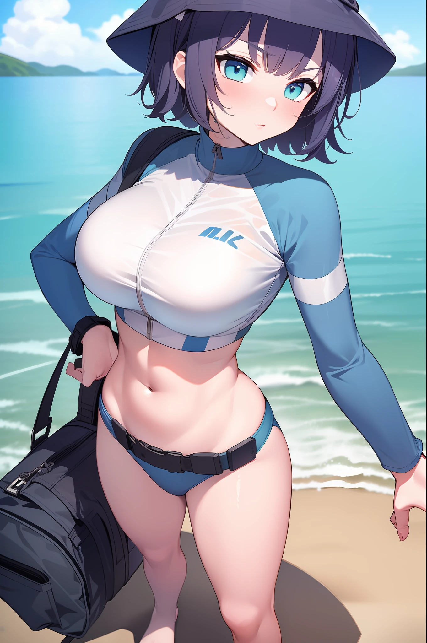 (masterpiece, best quality, highres, ultra detailed), 1girl,solo,medium dark blue hair, aqua eyes, swimsuit, bucket hat, beach background, rash guard, long raglan sleeves, black utility belt, belt pouch, duffel bag, (full body)