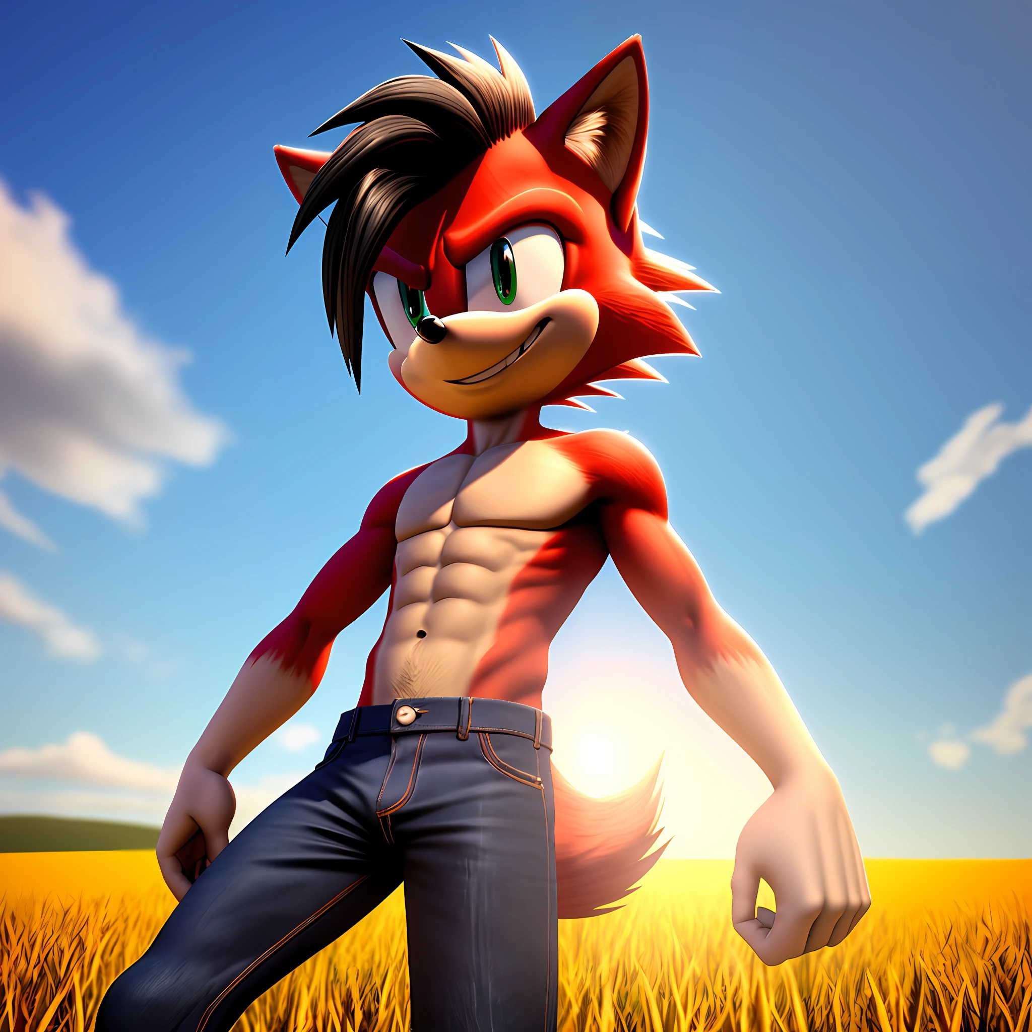 masterpiece, wolf with male red fur, black hair, shirtless and wearing blue jeans, solo, no group, not double, smiling, great lighting, soft light, no logo mark, in a sunny field, no extra limbs, skinny, 3D, in the style of sonic the hedghog