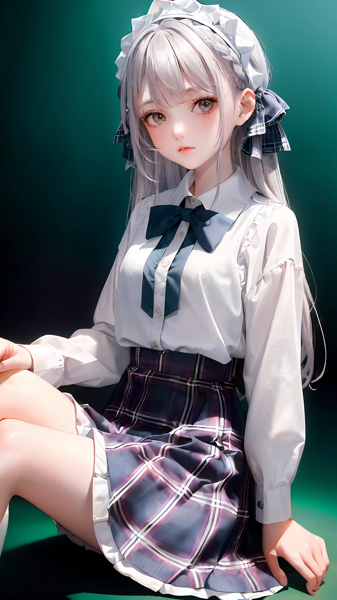1girl, (masterpiece:1.1), (best quality:1.1), (white blouse:1.1), (plaid skirt:1.1), school uniform, high waist skirt, break [blue:pink:0.5] theme, (gradient background: 1.1), denim lens, break silver hair, long hair, green eyes, delicate headdress, sideways, sitting