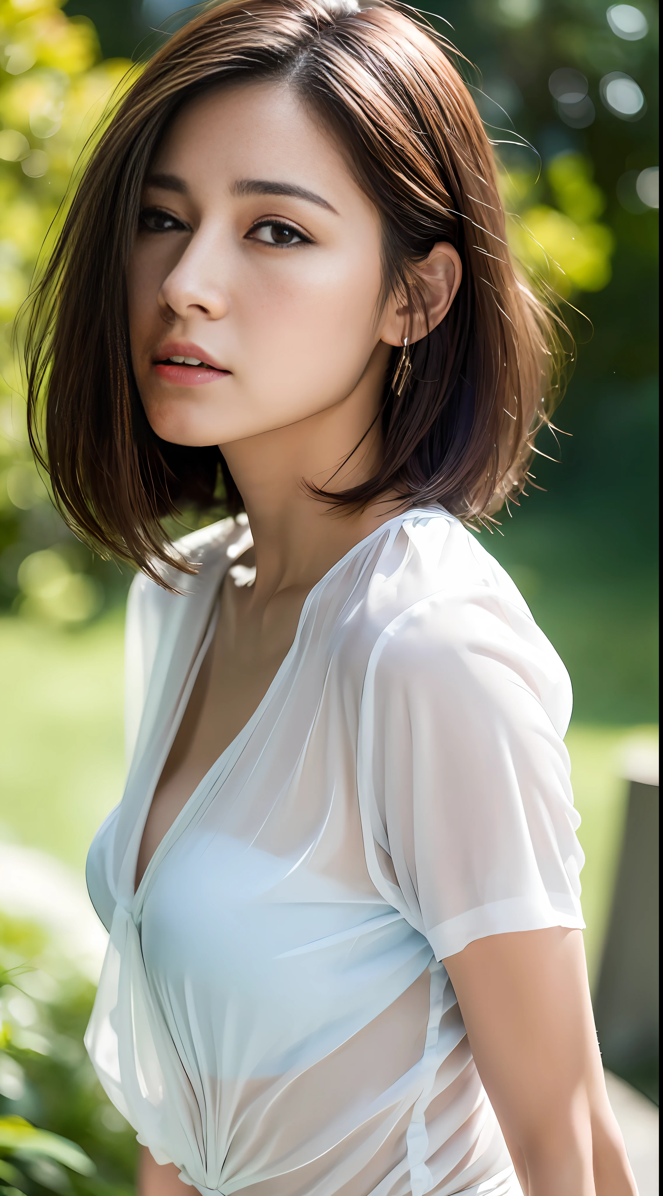 Short hair outdoor fair skin disheveled hair open mouth white tears, Japan woman, super cute, soft and face, brown hair, 8K resolution, ultra realistic, super definition, soft body toned buttocks night, ((Highest definition, 8k, masterpiece: 1.3)), ultra-definition face, ultra-fine lips, fine eyes, double eyelids, sheer thin shirt, skipper blouse, well-shaped upward bust, angle from the side, sideways, buttocks sticking out, breasted, busty,