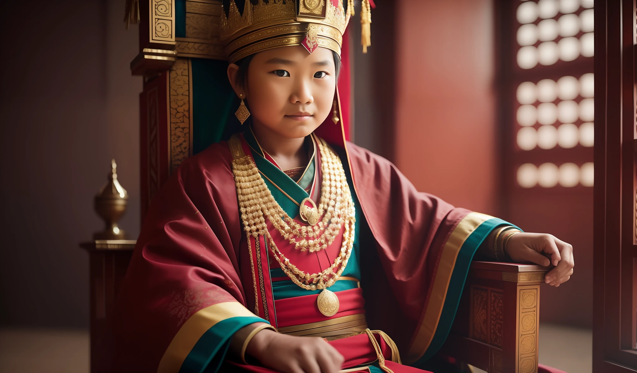  minino, sitting in the king's chair with Himalayan people's dress, ancient, super realistic, dark background, rich colors hyper realistic texture dramatic lighting unreal engine trend on artstation cinestill 800, 8k