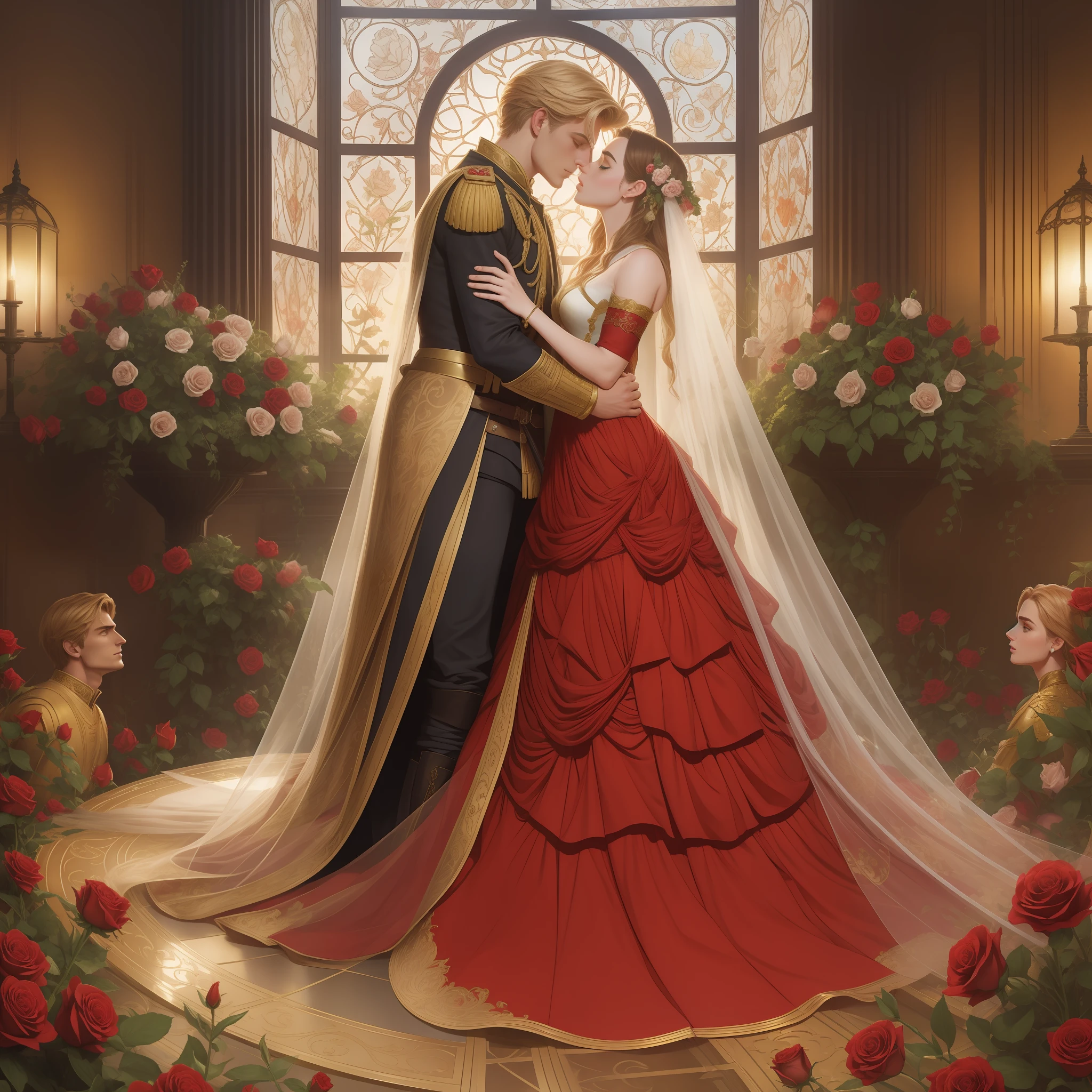 Couple kisses with great affection, Neels Visser is a prince who has golden blonde hair, wears a medieval military outfit and is in love with the commoner with dark curly black hair Lily Collins, who has and wears a red dress, illustration of a romance book cover with a detailed, smooth, shiny background full of ivy-covered flowers and red roses,  ornate dress standing on a bed of roses, rim light, dynamic lighting, ethereal lighting, ultra detail, concept art, elegant, surreal, art by Lisa Aisato, Greg Hildebrandt, Citemer Liu, Stjepan Sejic, Samyang, Aykut Aydogdu, Justin Gerard, Alphonse Mucha, Artgerm, WLOP and Greg Rutkowski