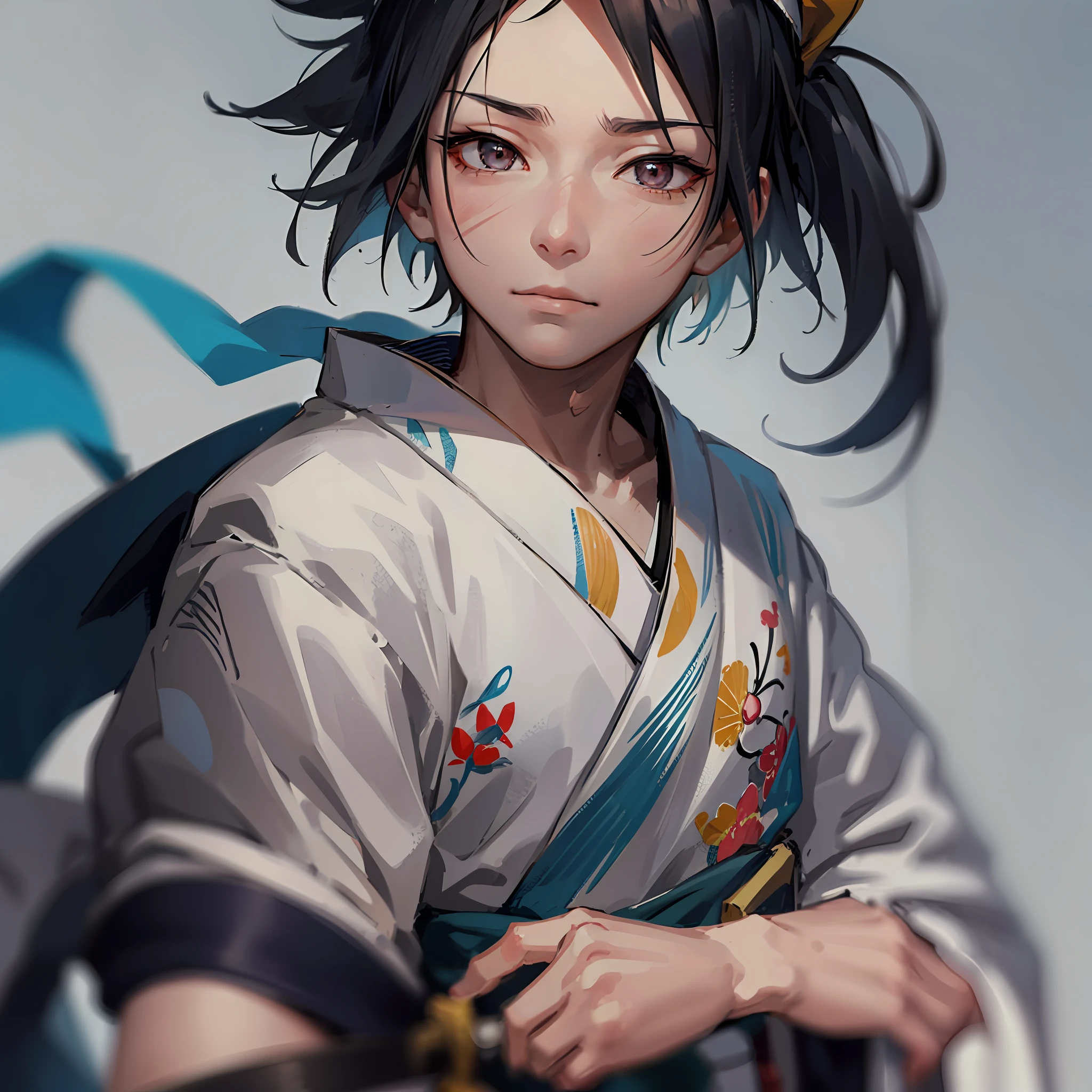 (Photograph) Japanese boy with a scar on his eye, and a cut on his cheek, hair done, wearing a bandana on his forehead, wearing a kimono, strong body, using a sword (anime) comic drawing --auto --s2