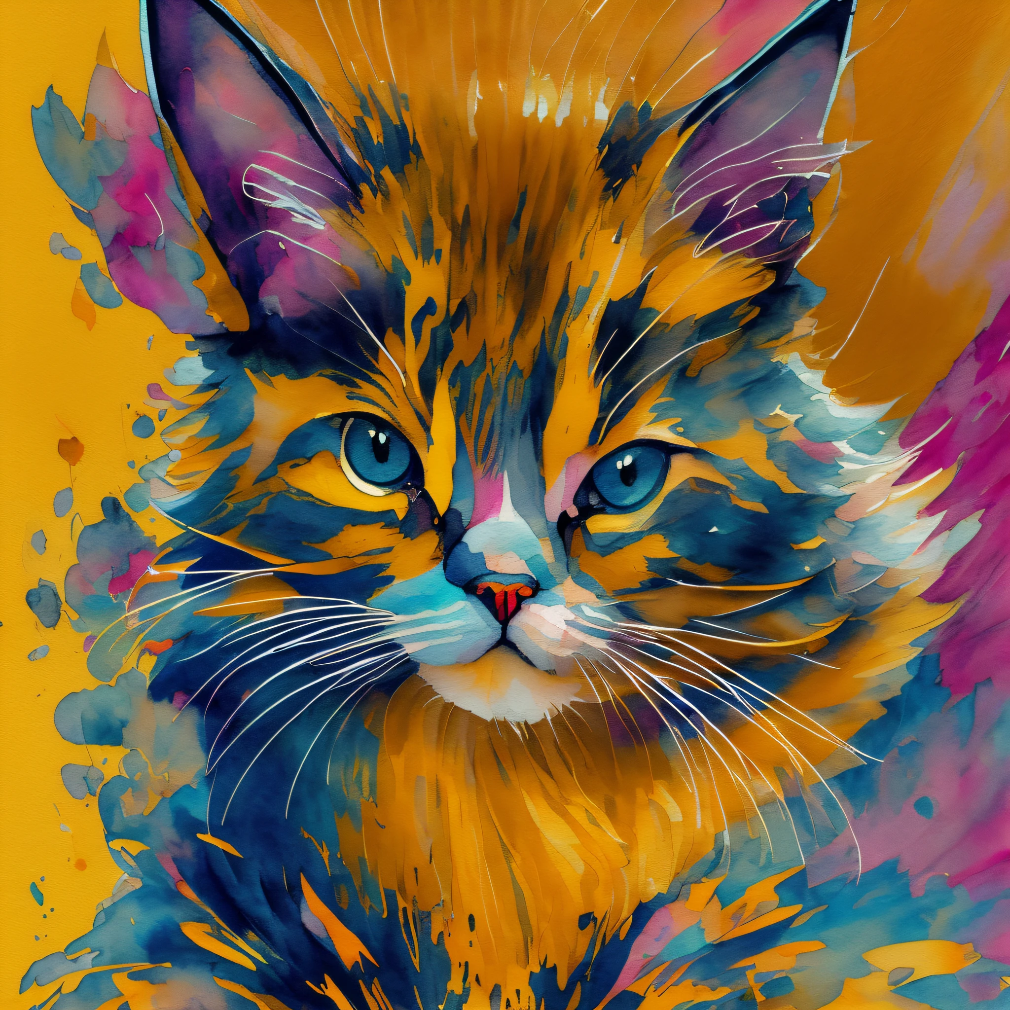 stilo wtrcolor, digital art of (Yellow cat character), official art, frontal, smiling, masterpiece, beautiful, ((watercolor)), face painting, paint splashes, intricate details. Detailed and highly detailed eyes, [pinging: 0, 5], Trend in artstation, by Rachel Walker , Pop art, Pixar, anime style --auto --s2