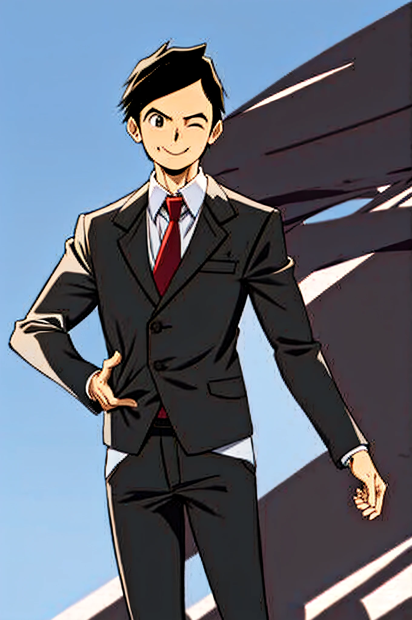 solo, smile, male focus, ^^, suit, black pants, cowboy shot, eyes closed, red tie, black hair