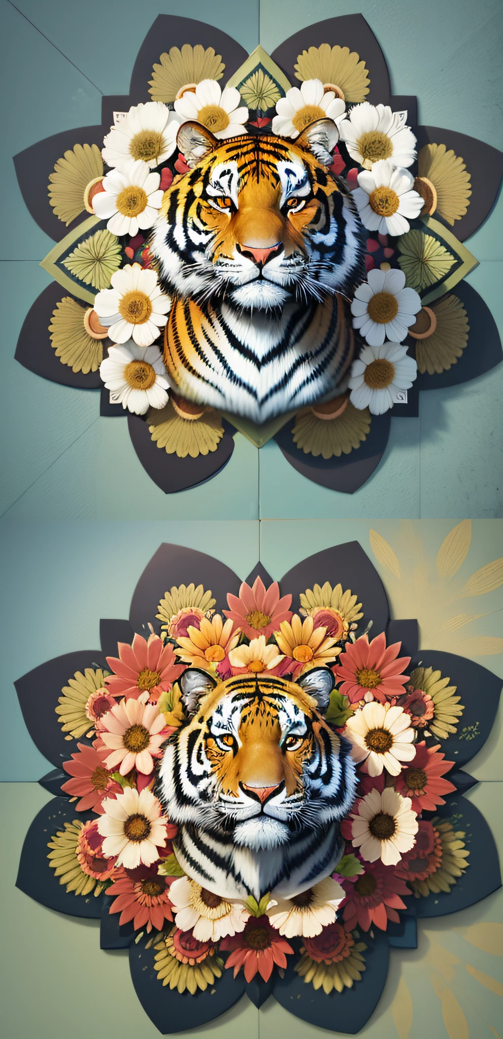 3D flower patterns, --ar 3:2, --tile , equirectangular 360, Highres, (art by Willi Baumeister: 1.1), (art by John T. Biggers: 1.2)::17 , official art, continuous paper 8k unit, ultra detailed, aesthetic, masterpiece, best quality, photorealistic, ((only front face)) Tiger in the Middle , Flowers Behind --auto --s2