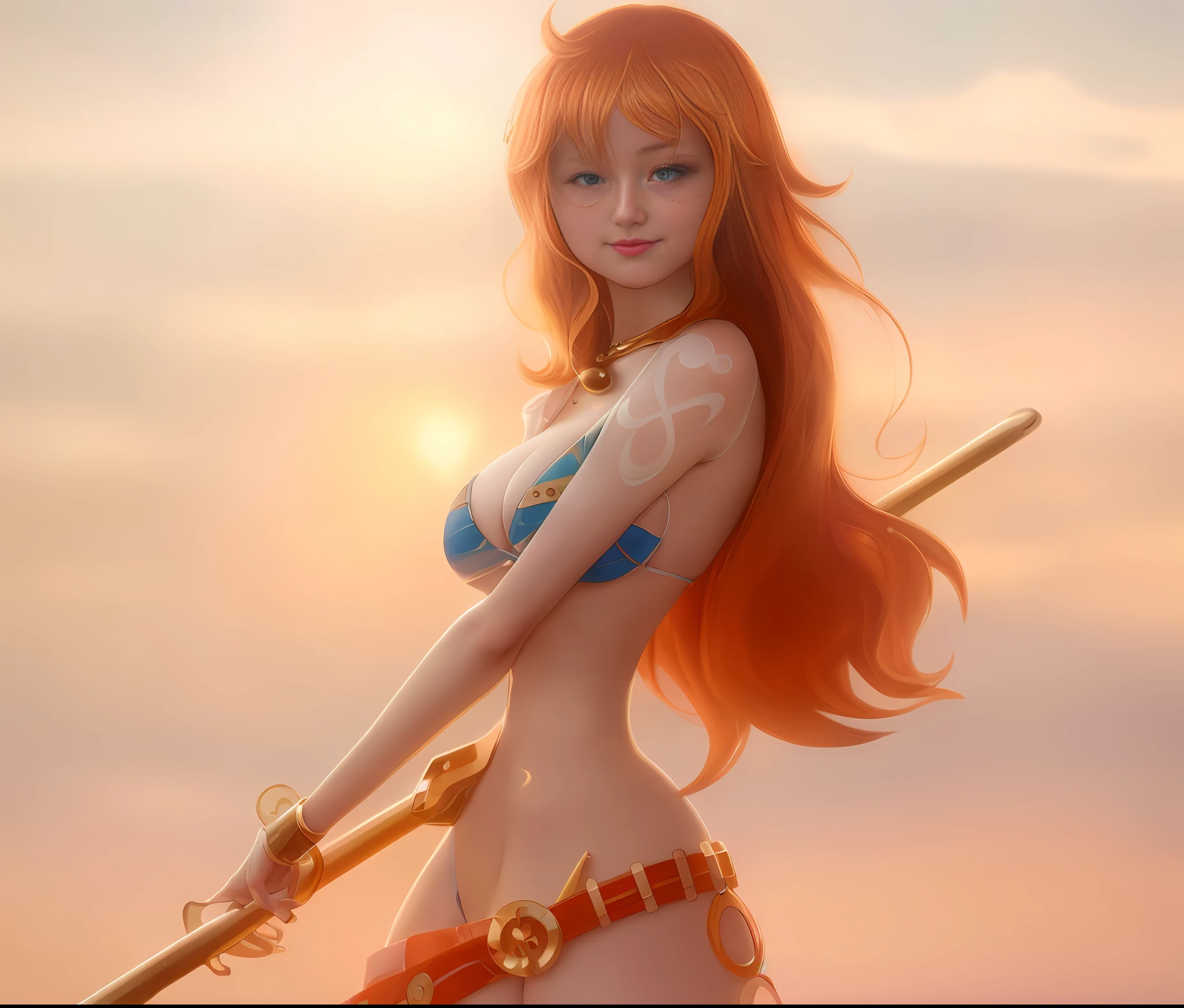Top quality, 8k, 32k, Masterpiece, photo realistic, realistic, anime girl in bikini standing on the beach, nami from one piece, nami one piece, nami, portrait of beautiful nami, from one piece, one piece, she has long red hair orange, female anime character, she has long orange brown hair, professional makeup, necklace, very big breasted woman, (seductive pose), Sexy, beautiful white face shining, beautiful face, pink cheeks, beautiful lips, porcelain skin, detail intricate, super detailed, super high, highest detailed, high detailed, delicate, incredible detailed, fine detailed, cinematic lighting, top quality, masterpiece, smooth and beautiful, CG , unity, 8k wallpaper, Stunning, fine detail, unity CG wallpaper 8k ultra detailed, large file size, ultra detailed, high resolution, incredible detail, stunning detail, depth of field, oil painting effect in Rembrandt art style, concept portrait art in Stanley Artgerm Lau style, WLOP, trending on Artstation, epic, trend in society, detailed digital painting, very high quality model.