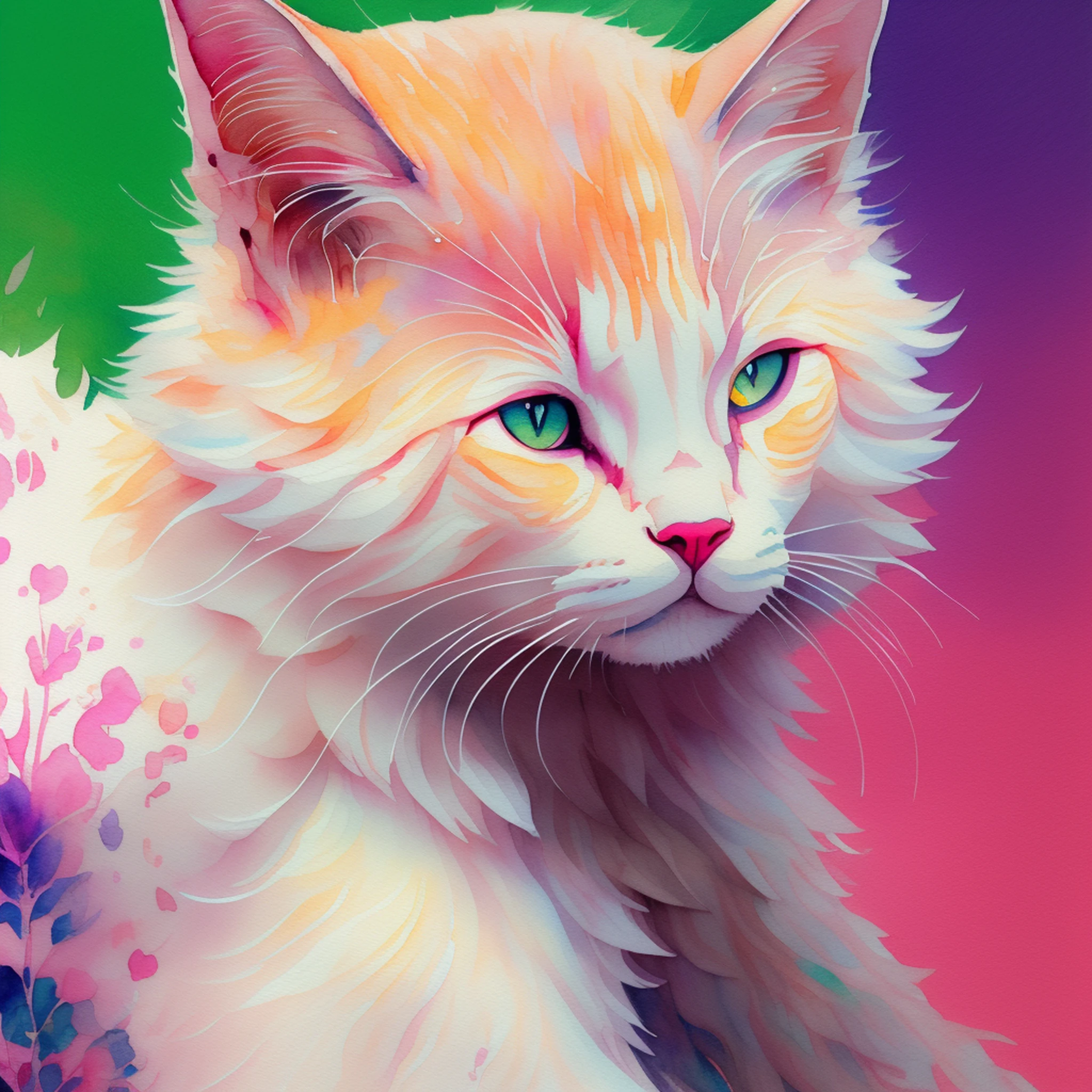 Stilo wtrcolor, digital art of (white cat character), official art, frontal, smiling, masterpiece, beautiful, ((watercolor)), face painting, paint splashes, intricate details. Detailed and highly detailed eyes, [pinging: 0, 5], Trend in artstation, by Rachel Walker , Pop art, Pixar, anime style --auto --s2