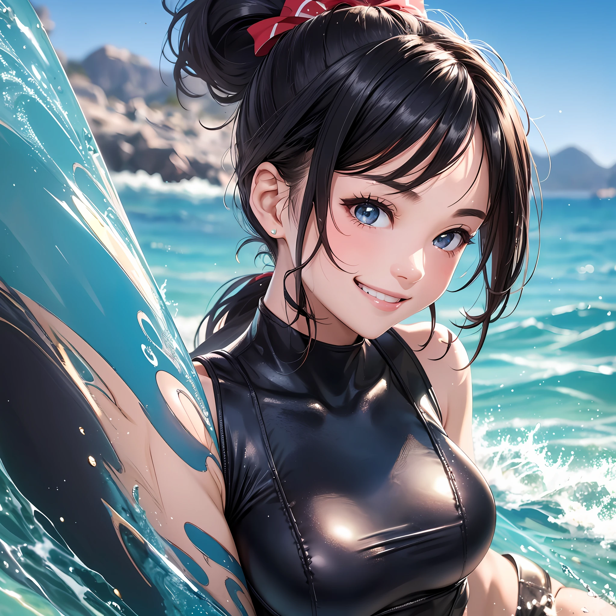 Top Quality, 8K, High Definition, 1 Girl, Female, Swimwear, (Portrait:0.6), (Bodysuit:1.1), Gorgeous, Black Hair, (Ponytail:1.2),All Back,((Viewerview:1.3)), (Look at Camera), (Bokeh), (Dynamic Pose:1.2), SFW, (Smile:1.4), Surfing,Wink,