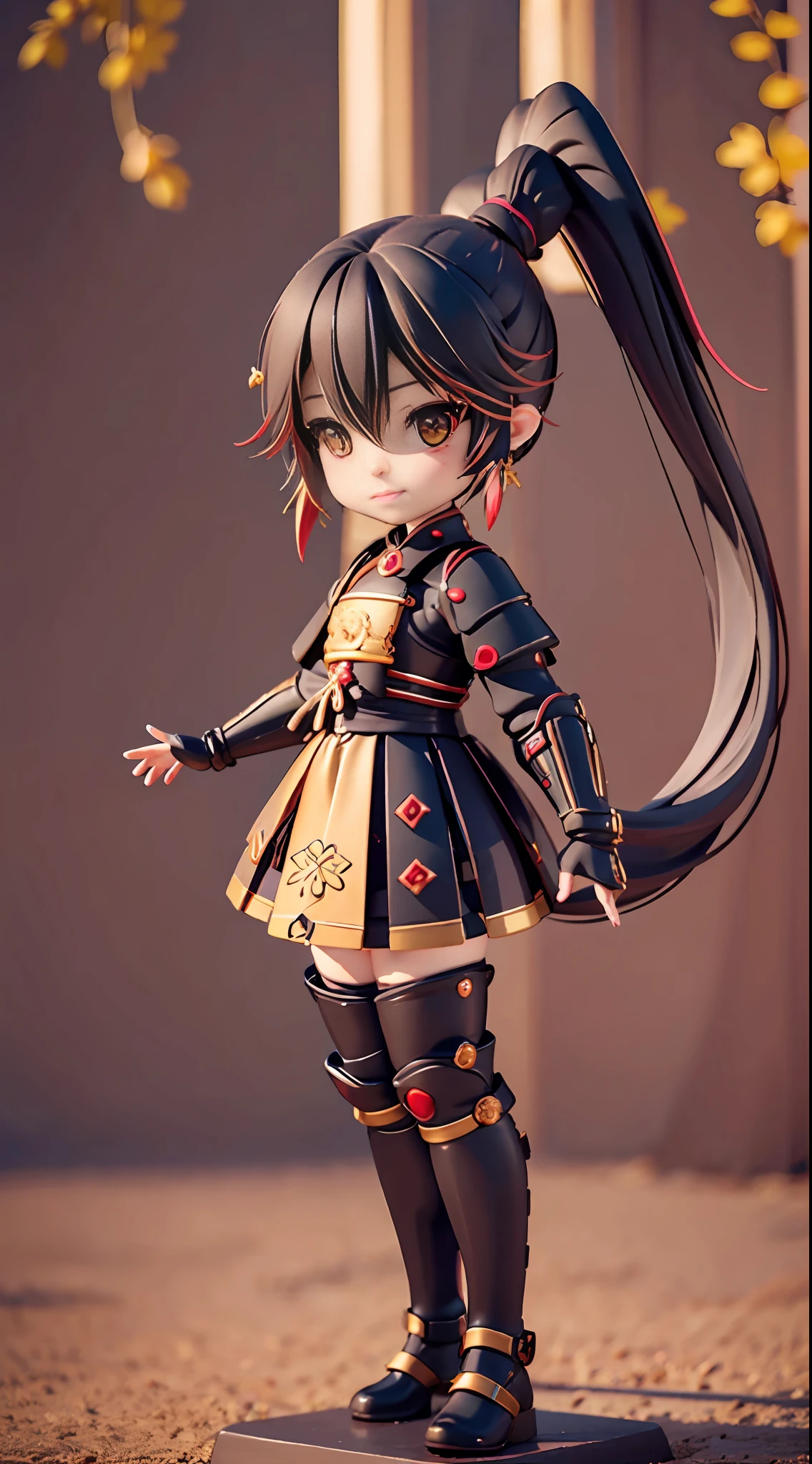 ((best quality)), ((masterpiece)), ( extreme detailed, highest detailed, official art, beautiful and aesthetic:1.2),  black hair, ponytail, yellow eyes, black and red samurai armor,depth, composition FULL BODY, CHIBI,  Cute, (beautiful and detailed eye:1) , smilling, bokeh, bloom, blurred background , (full body:1.5), photography, cinematic lighting, golden ratio