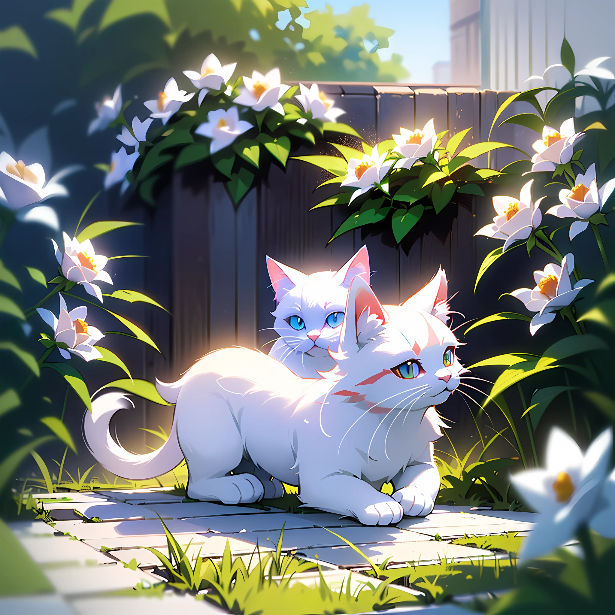 (mobile wallpaper) (masterpiece, better quality), blurred foreground, (better lighting, better shadow), (a white kitten sunbathing), (emphasis on the white cat), dynamic lighting, (kitten puppy), (volumetric light), (flowering garden in the background), (red roses), (white hairs:1.4), (art with pastel colors, super light colors), (mobile wallpaper style)