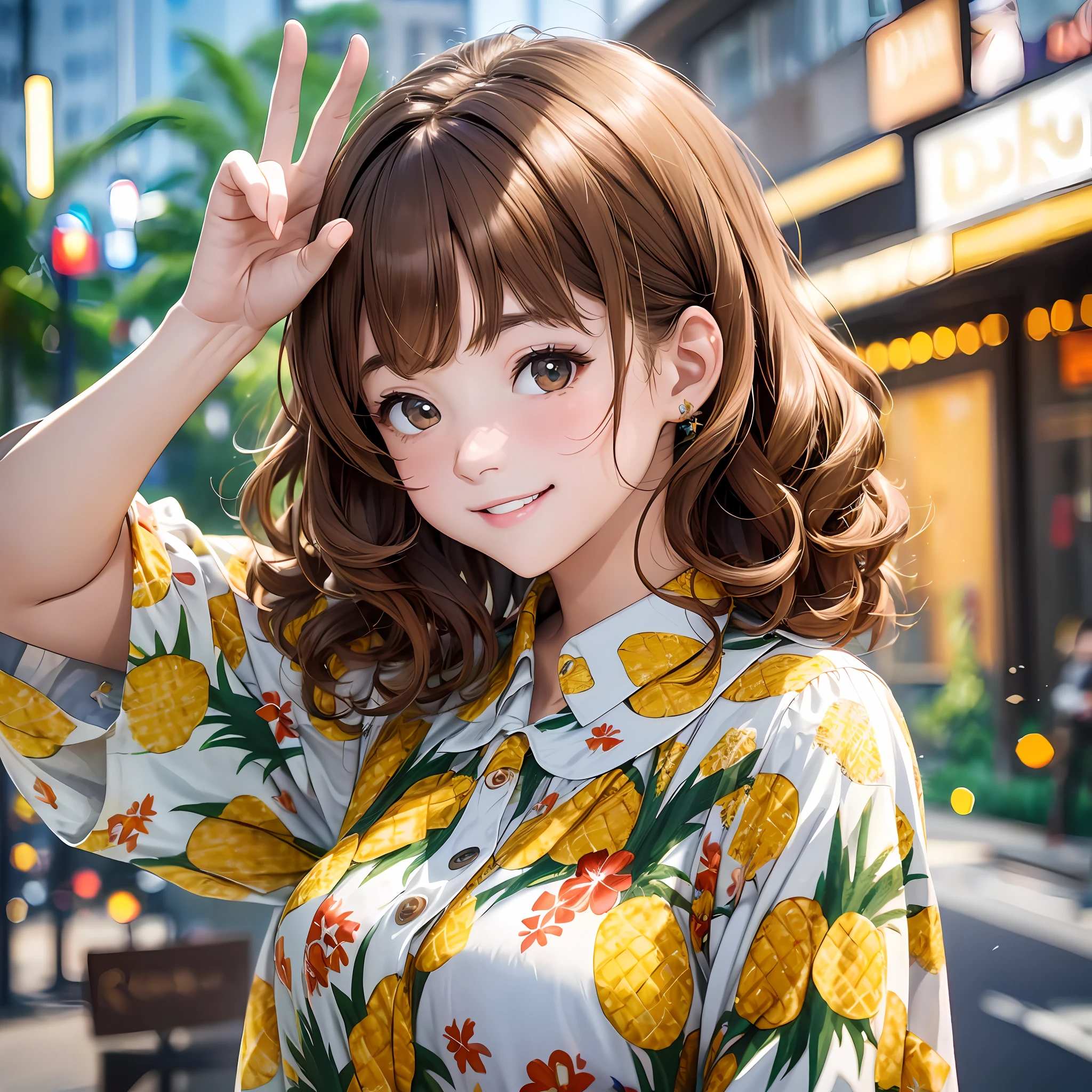 Top Quality, 8K, HDTV, Masterpiece, 1 Girl, (Portrait: 0.6), Pineapple print blouse, Peace sign, Brown hair, Medium hair, Curl inside hair, (big smile: 1.4), Looking at camera, Bokeh, 22 years old, Street