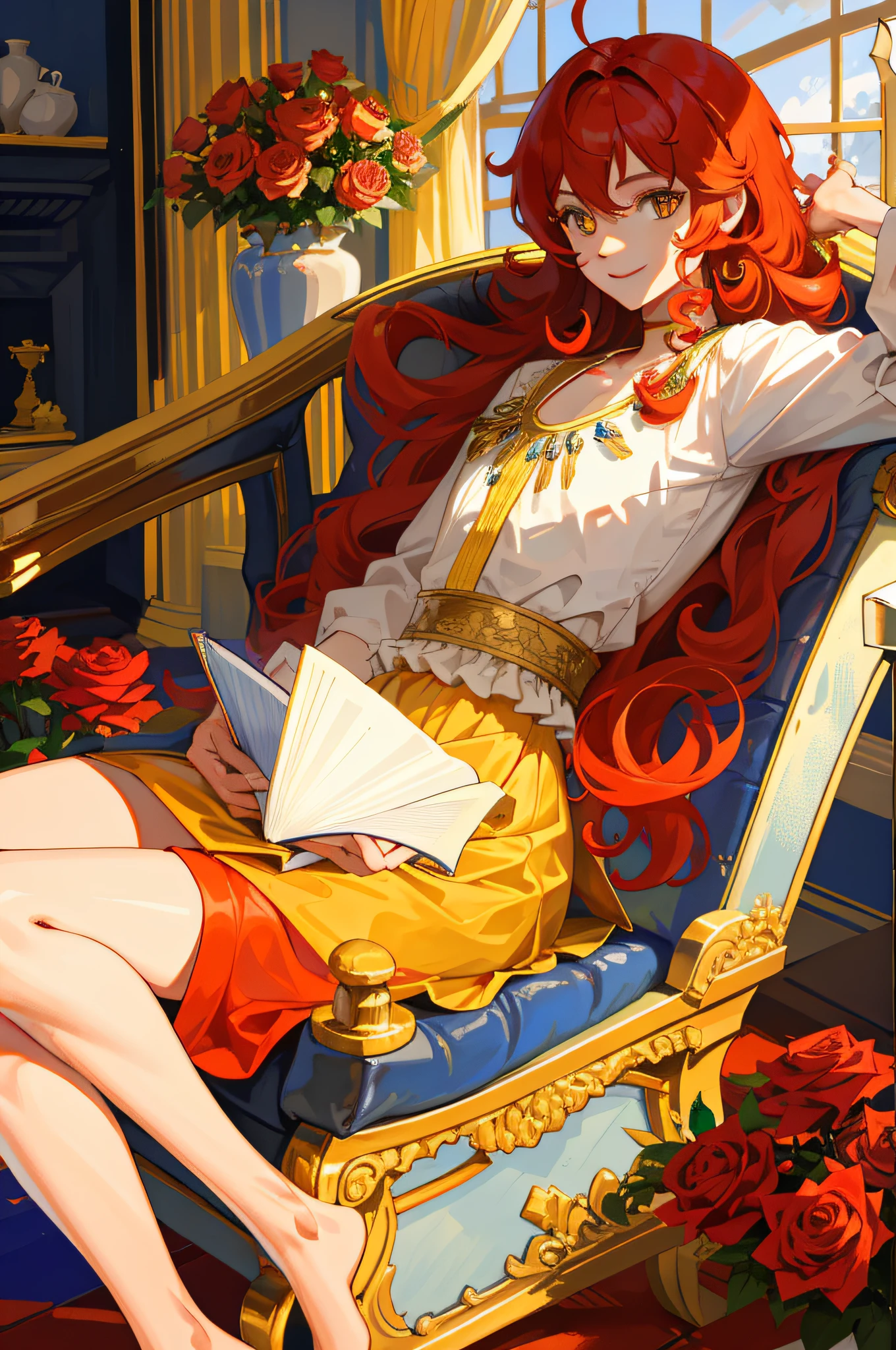 Masterpiece, best quality, juvenile, male, red curly, yellow eyes, smile, delicate face, sunlight, rose, flame, best light and shadow
