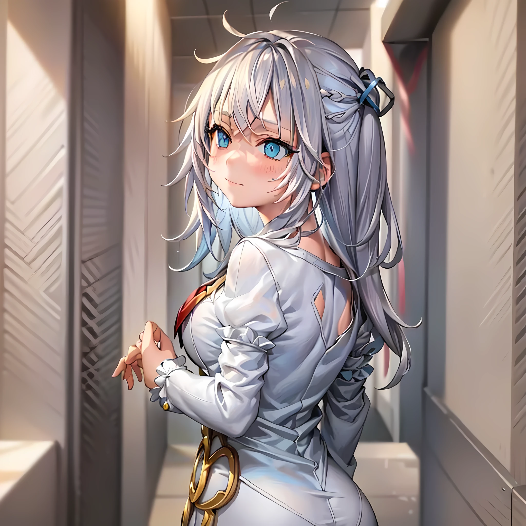 light-reflecting clothing, (light diffraction on skin: 1.35), (shiny skin: 1.55), (iridescence effect: 1.55), anime, a woman with white hair and blue eyes smiling seductively is standing in a room, , process art, seductive anime girl, loli in dress, visual anime of a cute girl, girl with perfect white hair,  Anime Moe Artstyle, fine details. Girls Frontline, From Girls Frontline, A Hyperrealistic Schoolgir, Anime Girl Wearing White Shirt with Blue Hair, Breasts, 1Girl, Escote, Camisa, Pelo largo, Blue Eyes, Drowning, Solo, Camisa blanca, Big Breasts, Wet, Wet Clothes, Blush, Short Sleeves, Bangs,(Masterpiece, Best Quality, Ultra-Detailed: 1.6), Illustration, (Solo, 1 Girl, Beautiful Detailed Eyes: 1.2), City, Street, Making a Heart with Fingers,  Expression of girl in love, plump, big butt, from behind, show the butt on the face