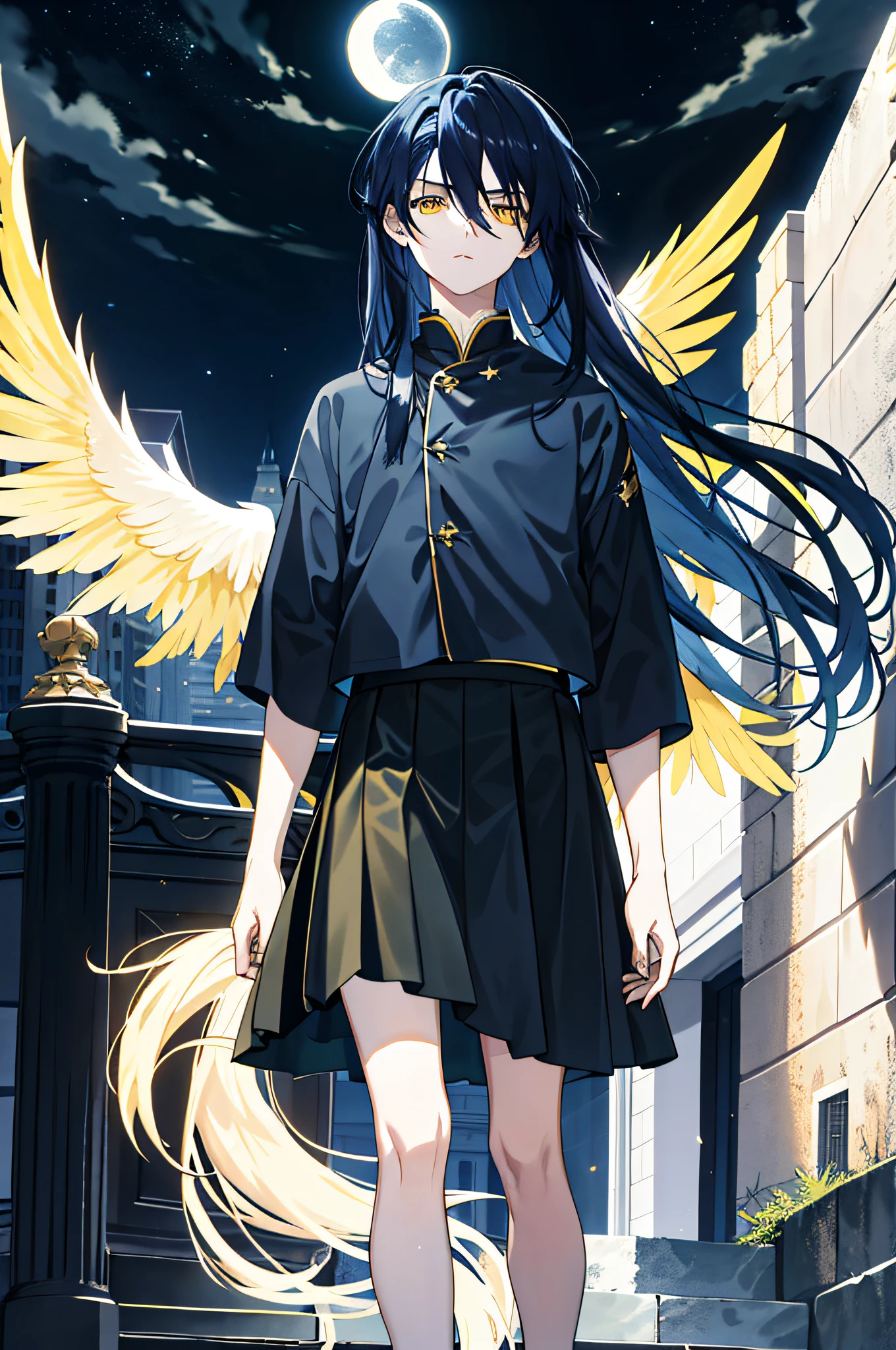 Masterpiece, best quality, youth, male, long dark blue hair, straight hair, yellow eyes, expressionless face, black skirt, night, moon